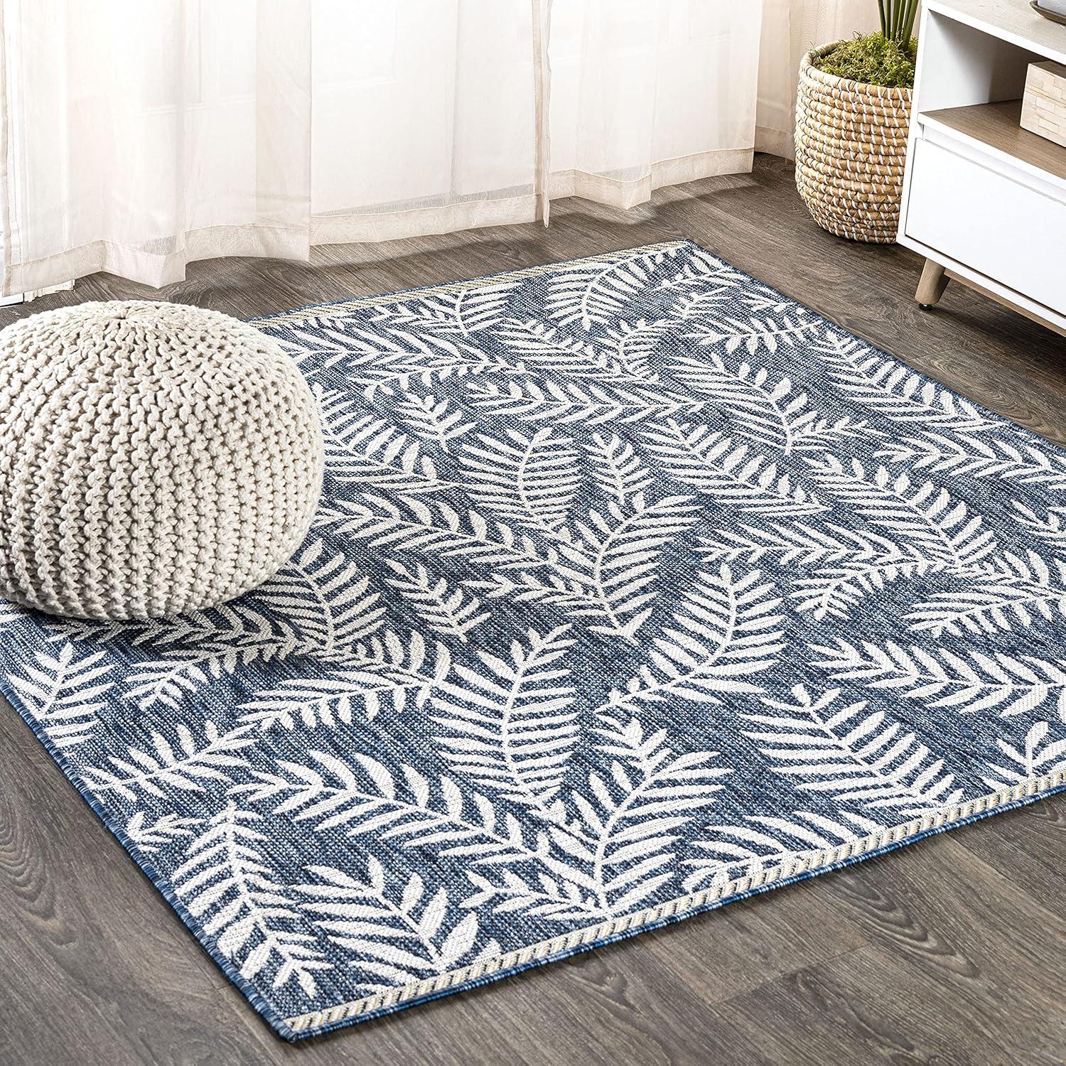 5' Square Nevis Palm Frond Indoor/Outdoor Area Rug, Navy/Ivory - JONATHAN Y