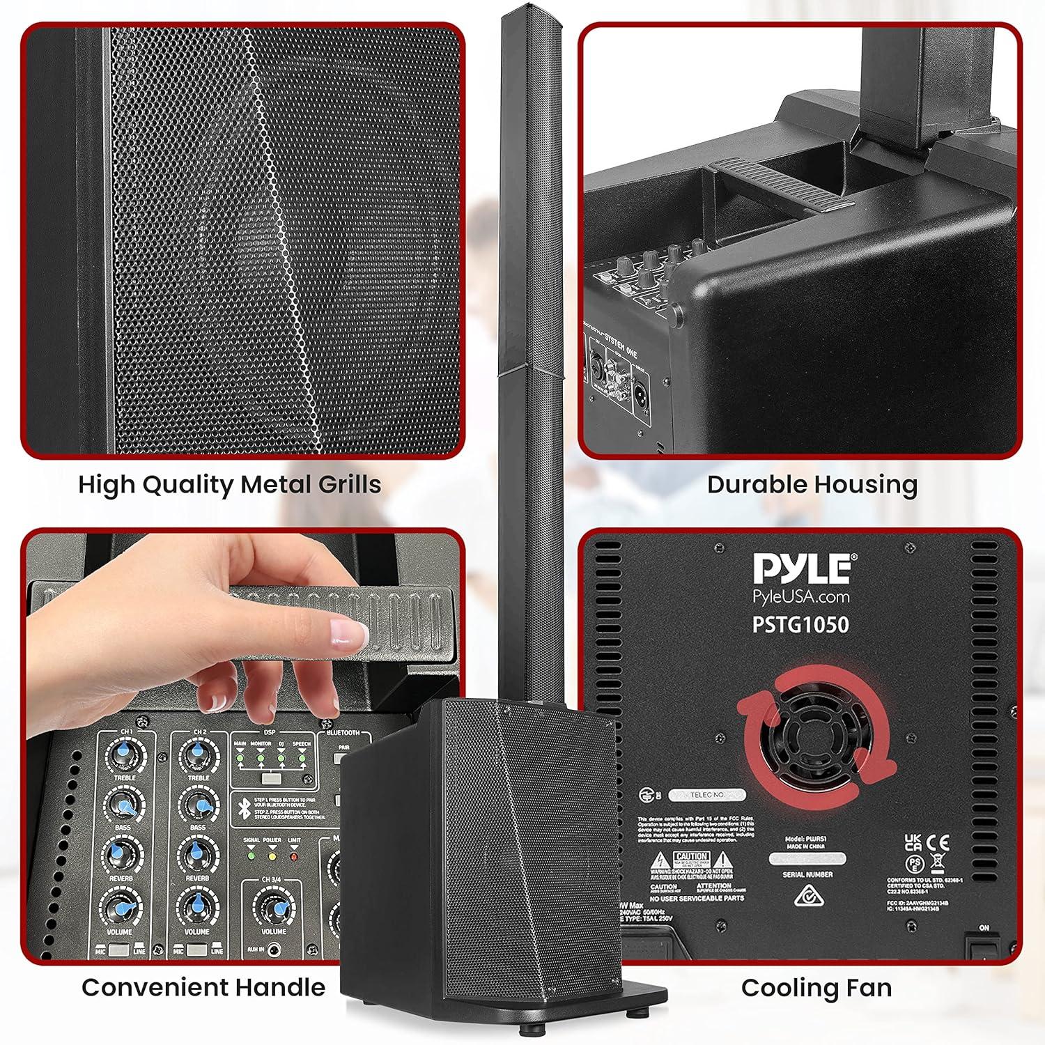 Pyle 1600W Professional Line Array Column Speaker System with 10" Subwoofer, 8 x 3" Drivers, Bluetooth