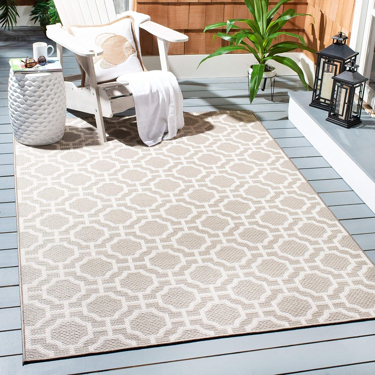 Beige and Taupe Geometric Round Synthetic Rug