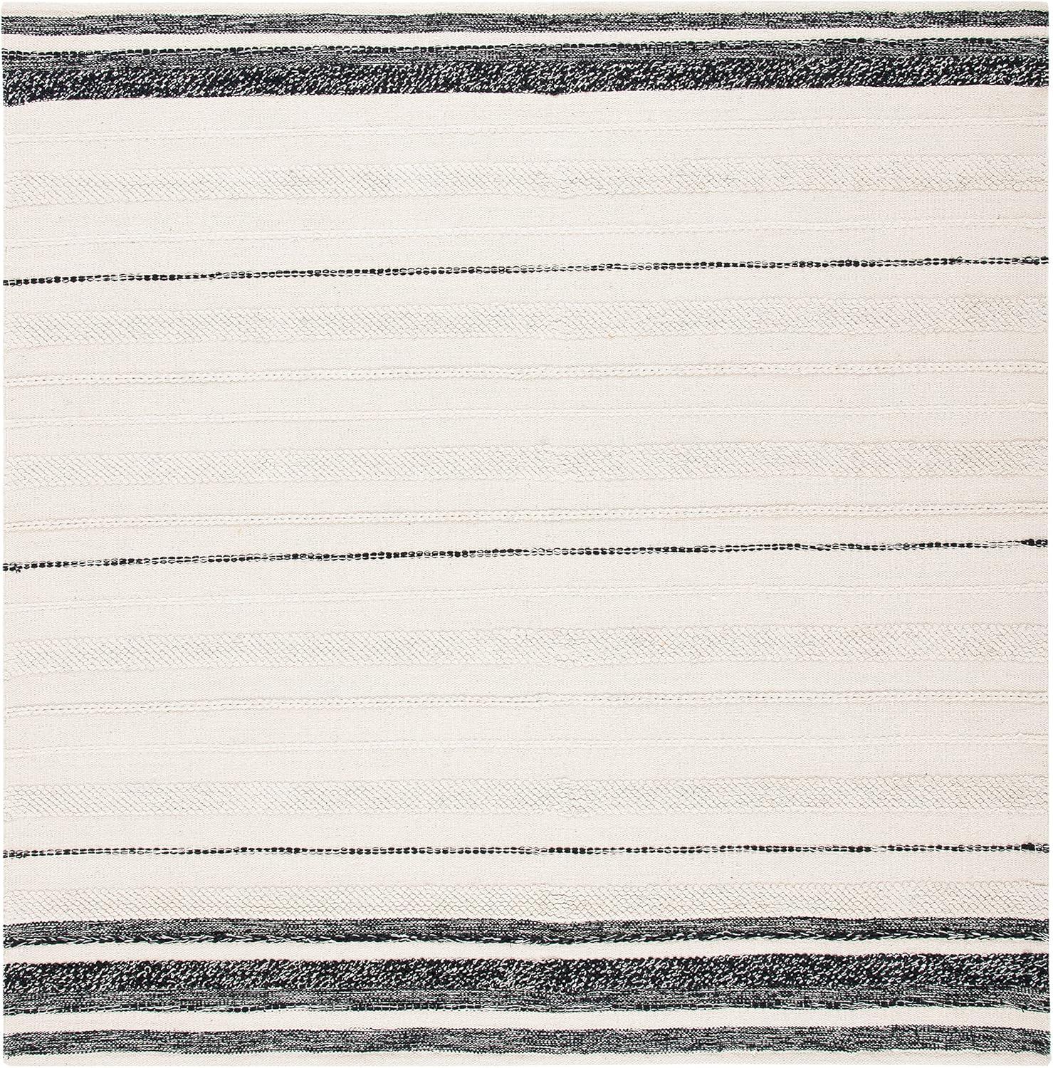 Ivory and Black Striped Square Wool Cotton Rug