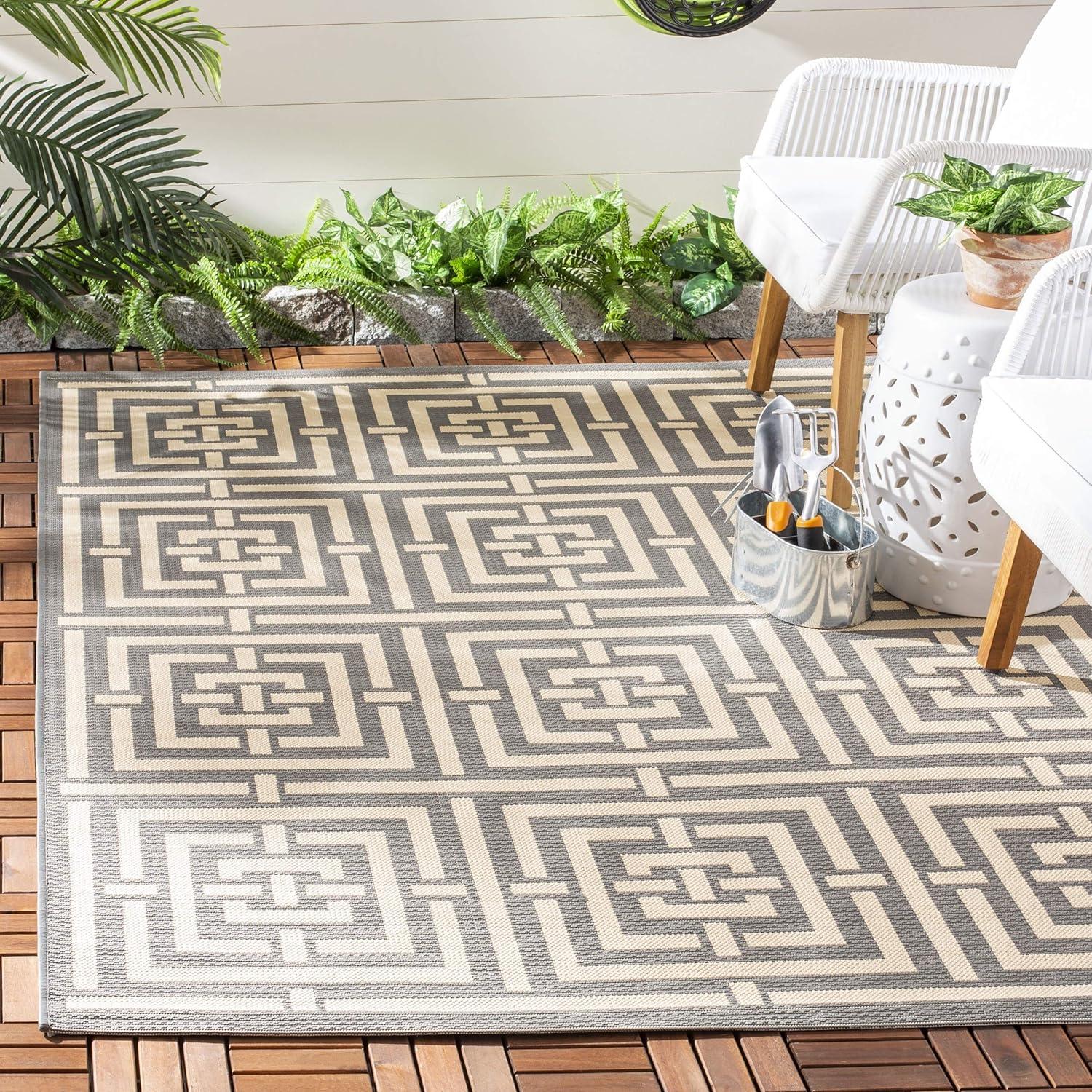 Gray and Cream Geometric Outdoor Area Rug, 8' x 11'