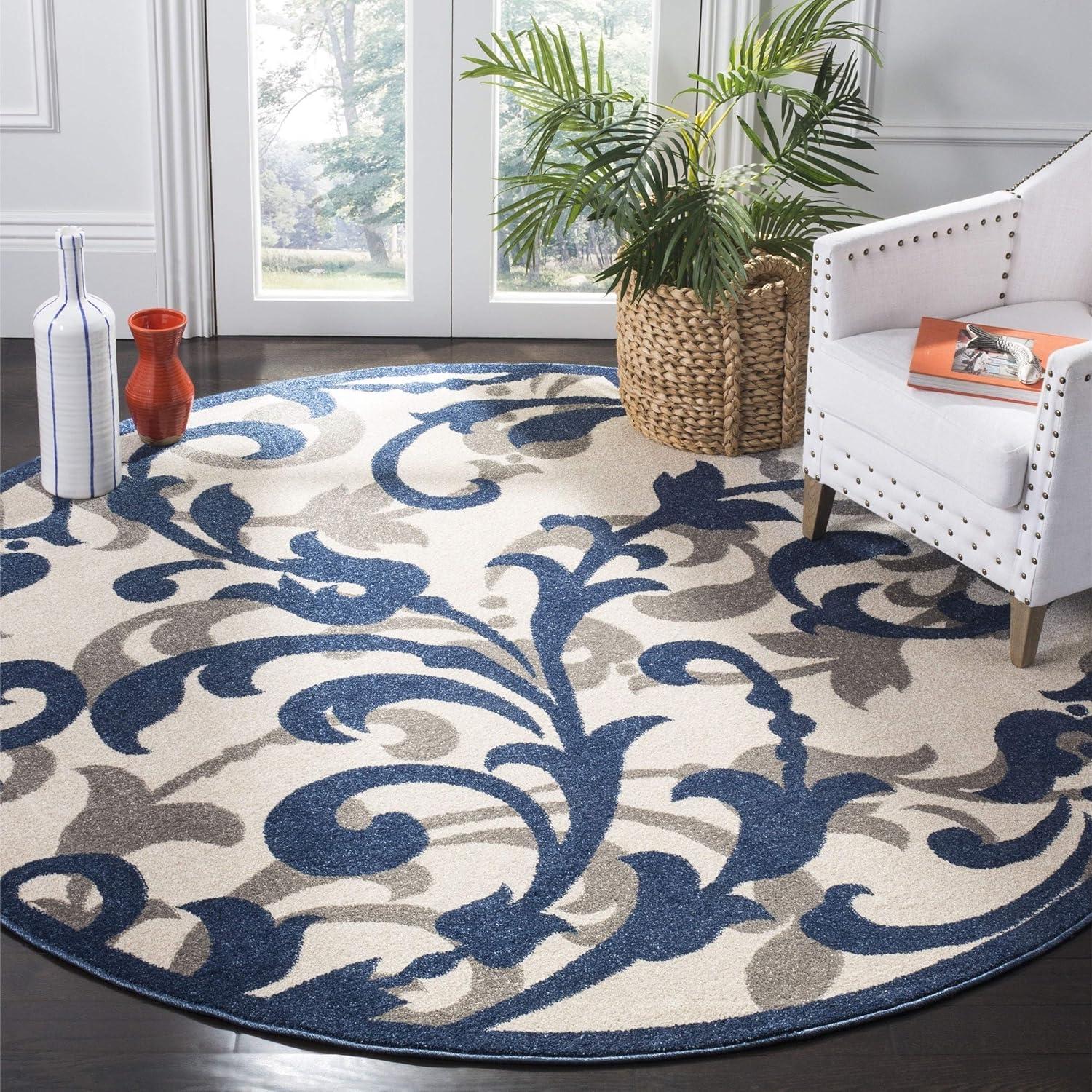 Ivory Floral Synthetic 7' Round Reversible Area Rug