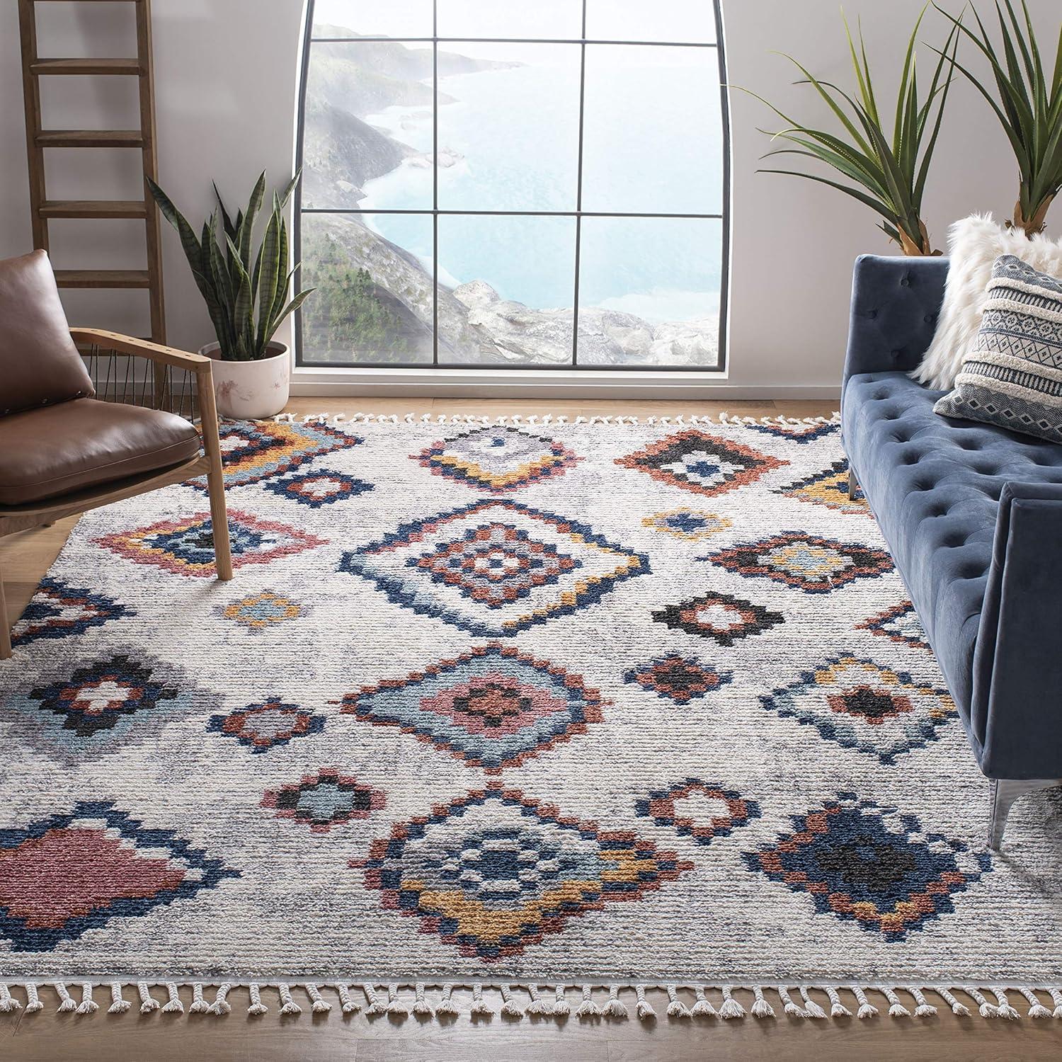 Ivory and Multicolor Square Boho Synthetic Area Rug