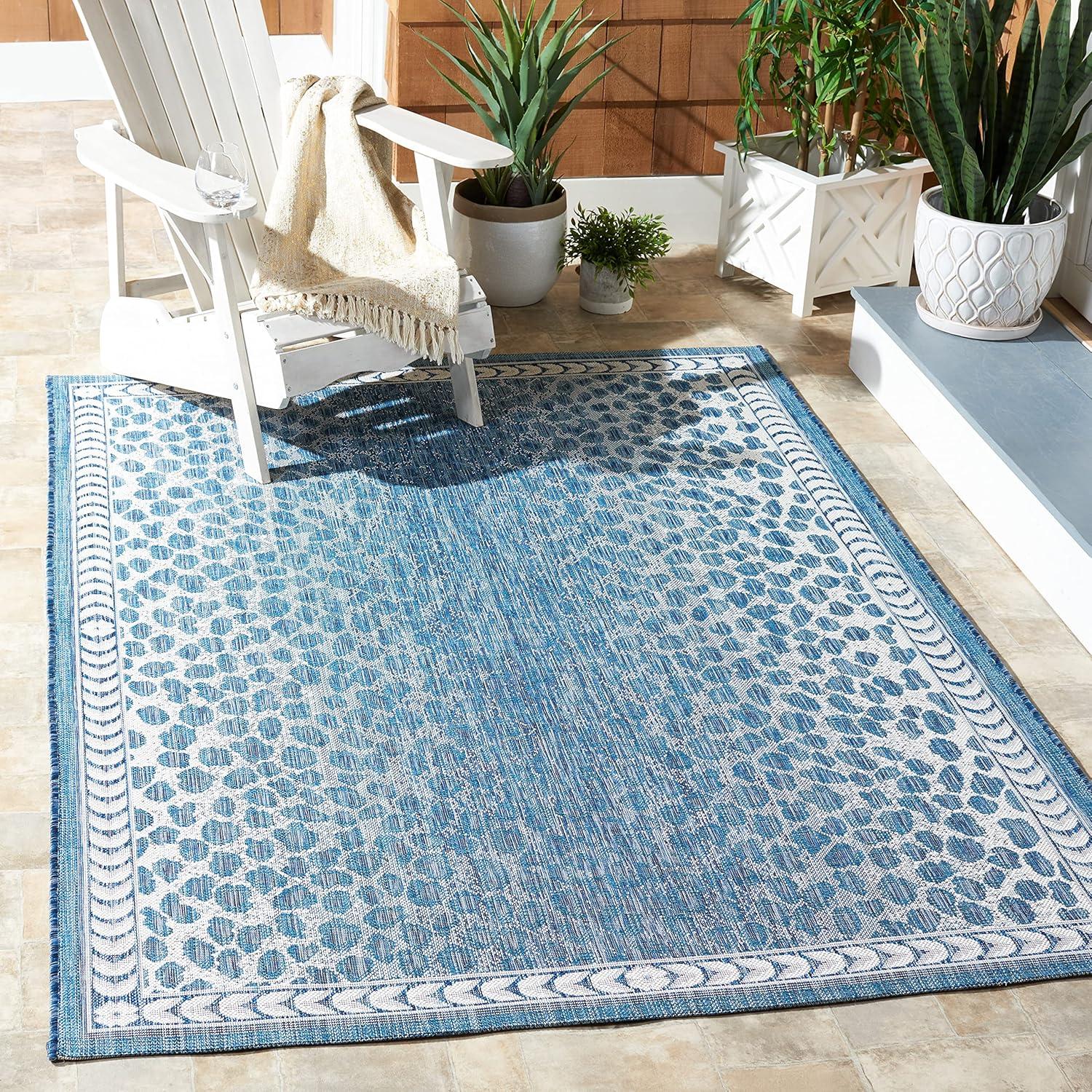 Courtyard Blue and Ivory Washable Synthetic Outdoor Rug