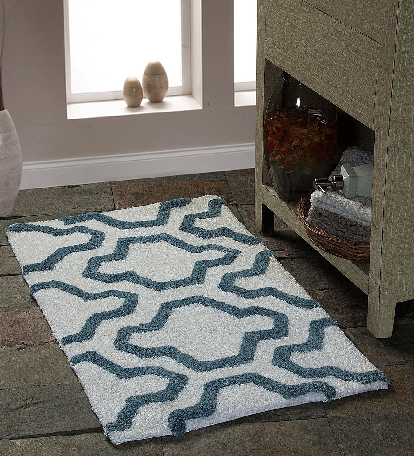 White and Blue Geometric Cotton Bath Rug Set