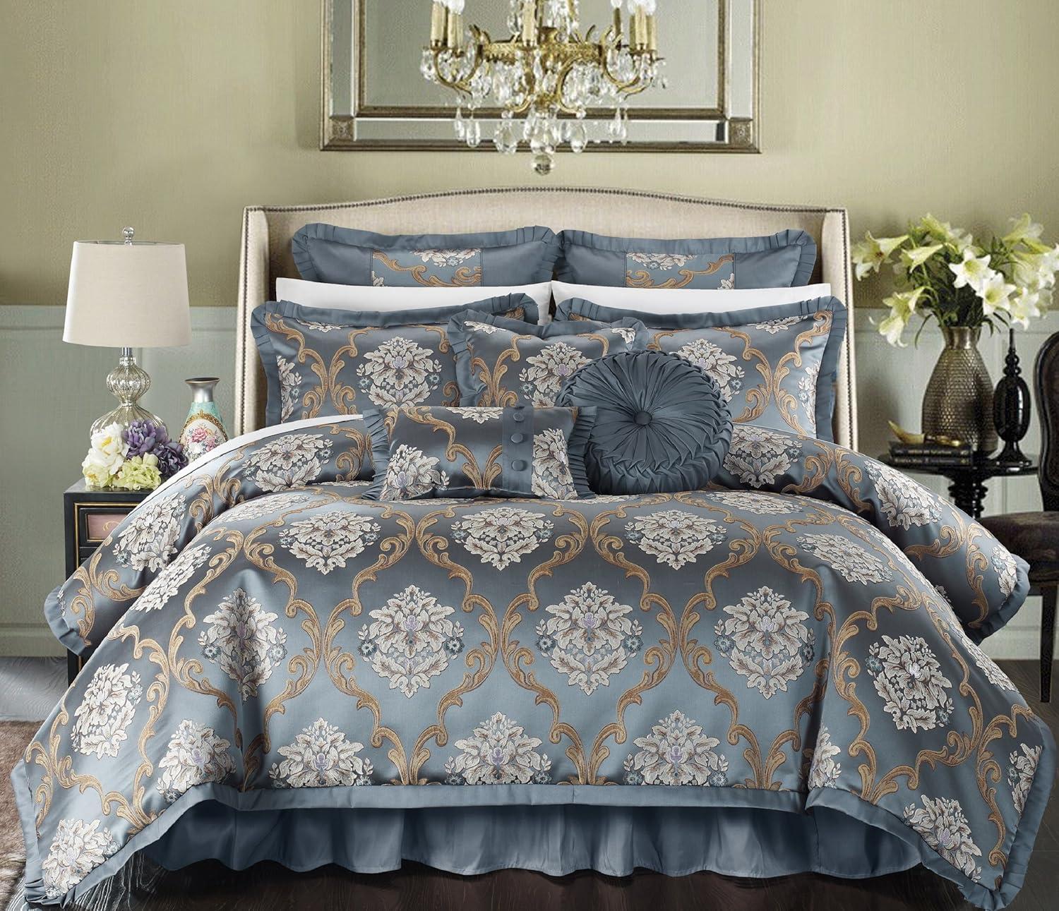 Blue Jacquard Queen Comforter Set with Decorative Pillows