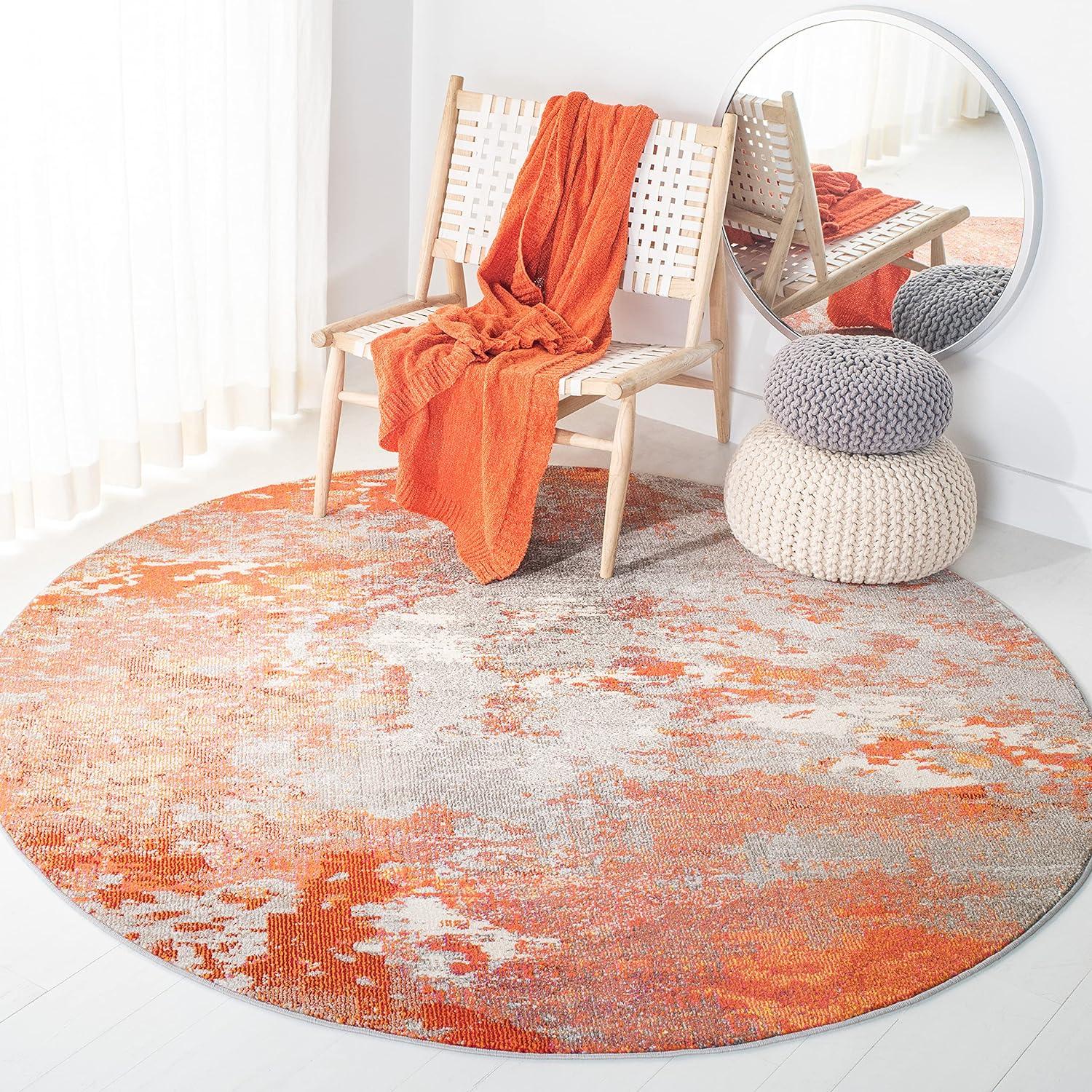 SAFAVIEH Madison Oscar Abstract Distressed Area Rug, Grey/Orange, 4' x 4' Round