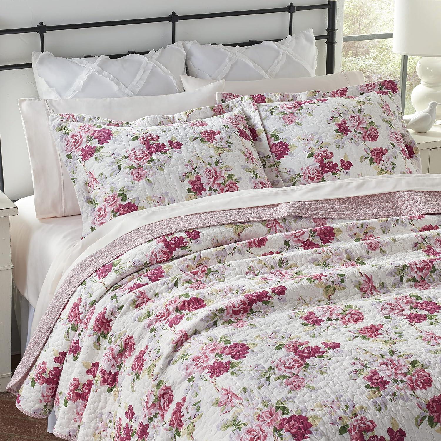 Laura Ashley King Lidia Quilt and Sham Set Pink: Floral Bedding, Pre-Washed, Machine Washable