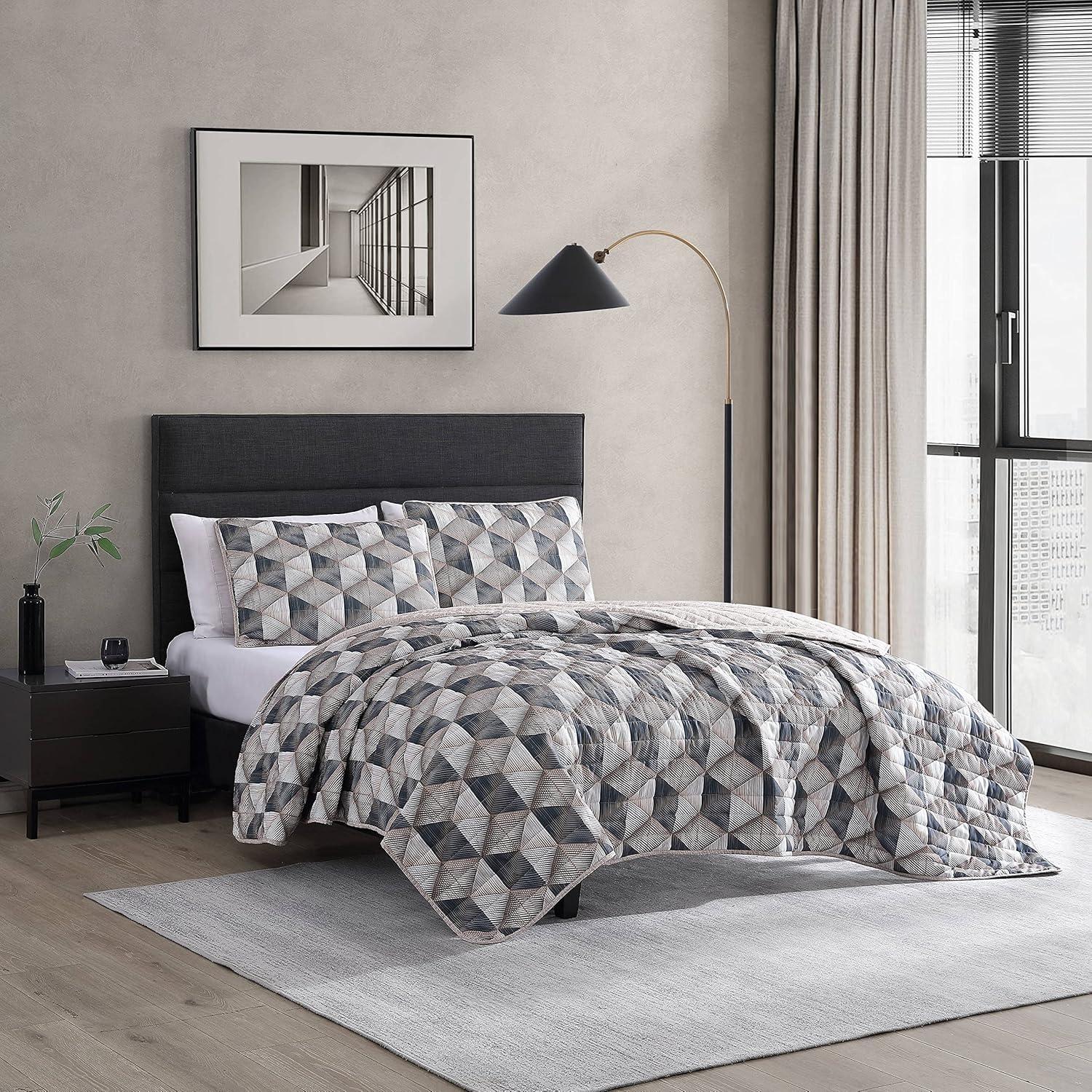 Geometric Gray and Brown Microfiber King Quilt Set