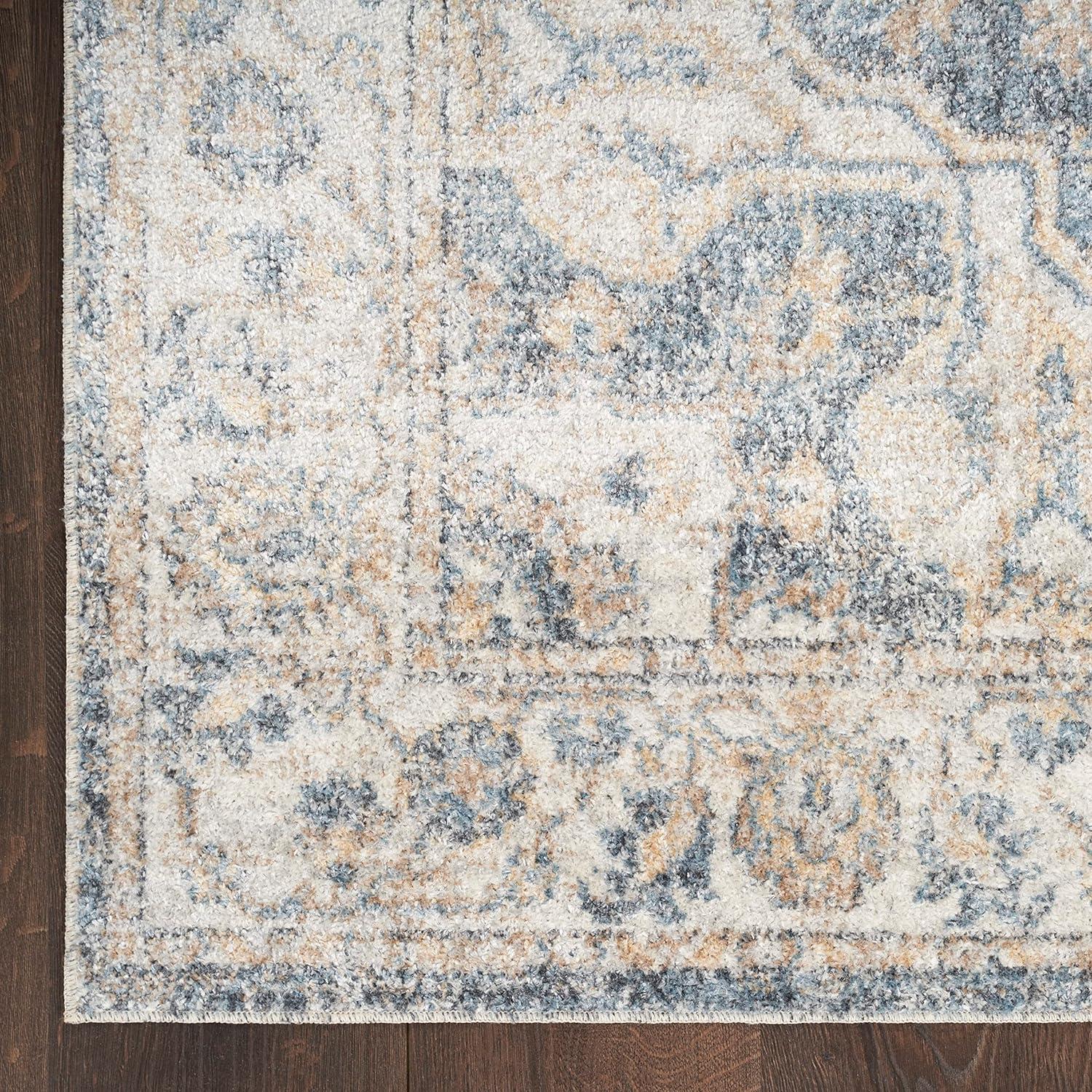 Grey and Blue Floral Medallion Washable Area Rug 5'3" x 7'