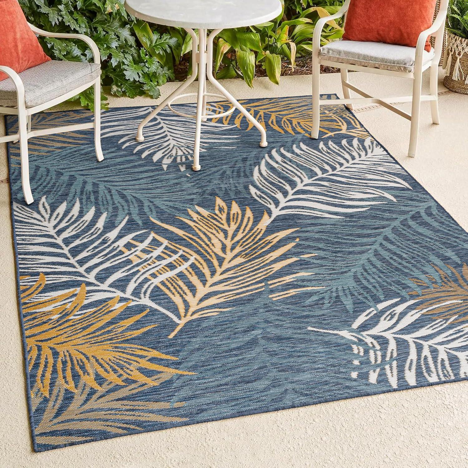 JONATHAN Y Calypso Coastal Casual Palm Frond Reversible Machine-Washable Cream/Navy 5 ft. x 8 ft. Indoor/Outdoor Area Rug