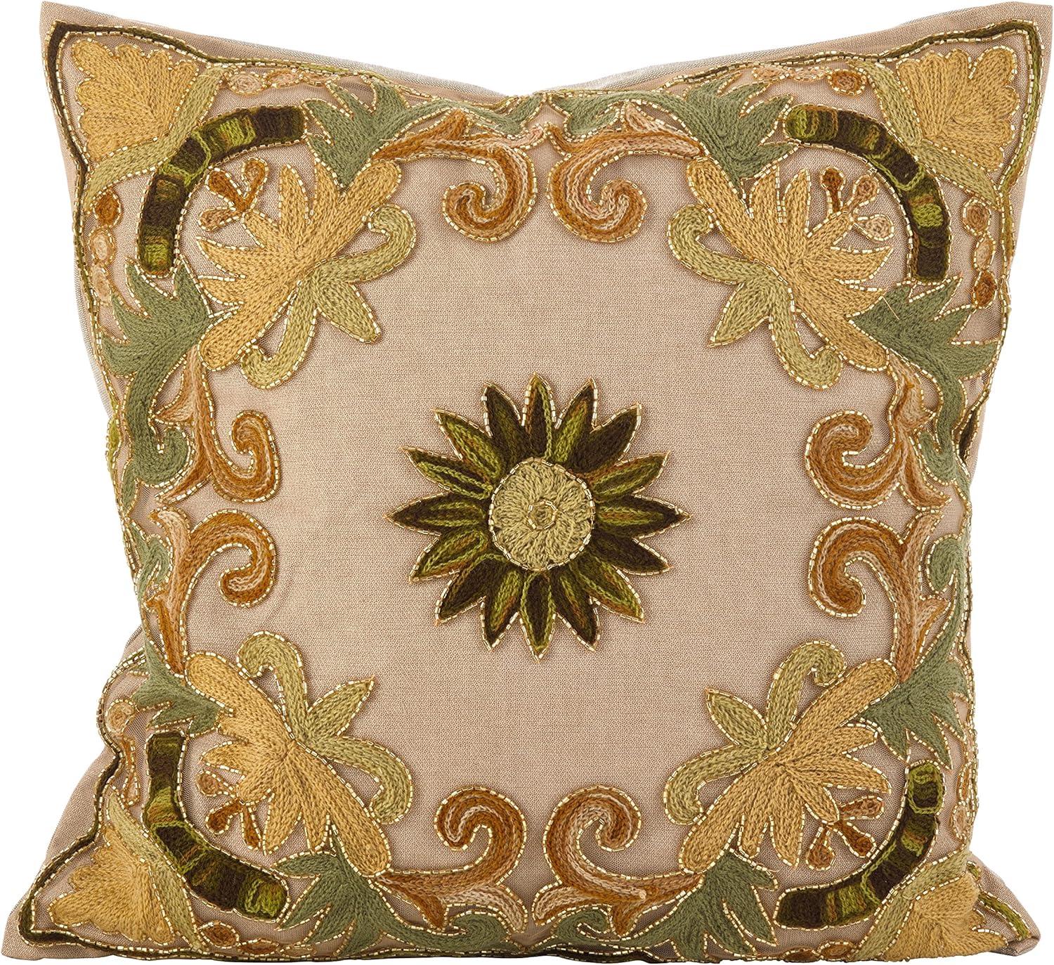 Saro Lifestyle Embroidered Floral Design Beaded Cotton Poly Filled Throw Pillow, Green, 18" x 18"
