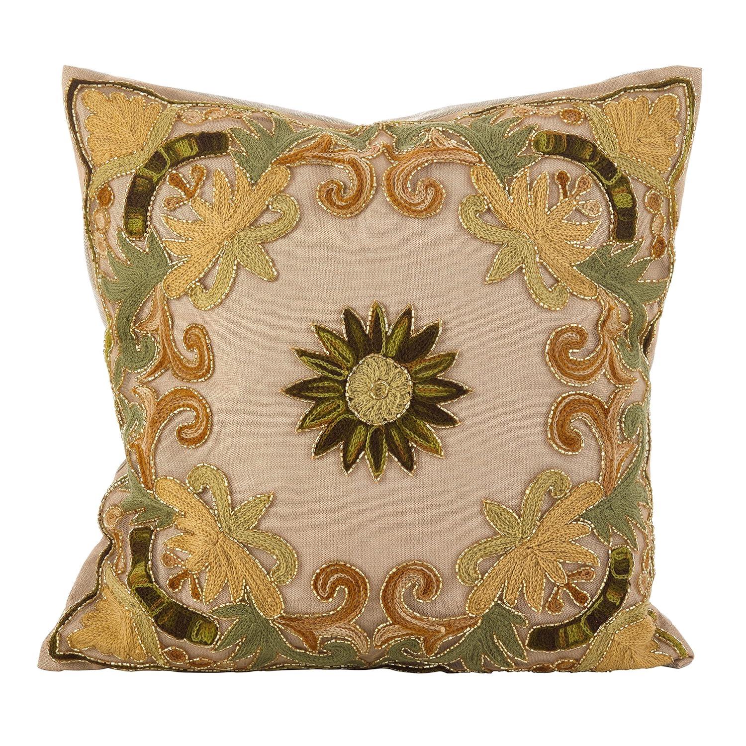 Saro Lifestyle Embroidered Floral Design Beaded Cotton Poly Filled Throw Pillow, Green, 18" x 18"