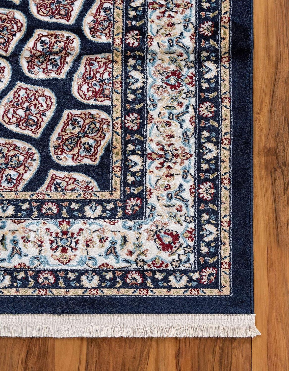 Navy Blue and Beige Rectangular 8' x 10' Synthetic Area Rug