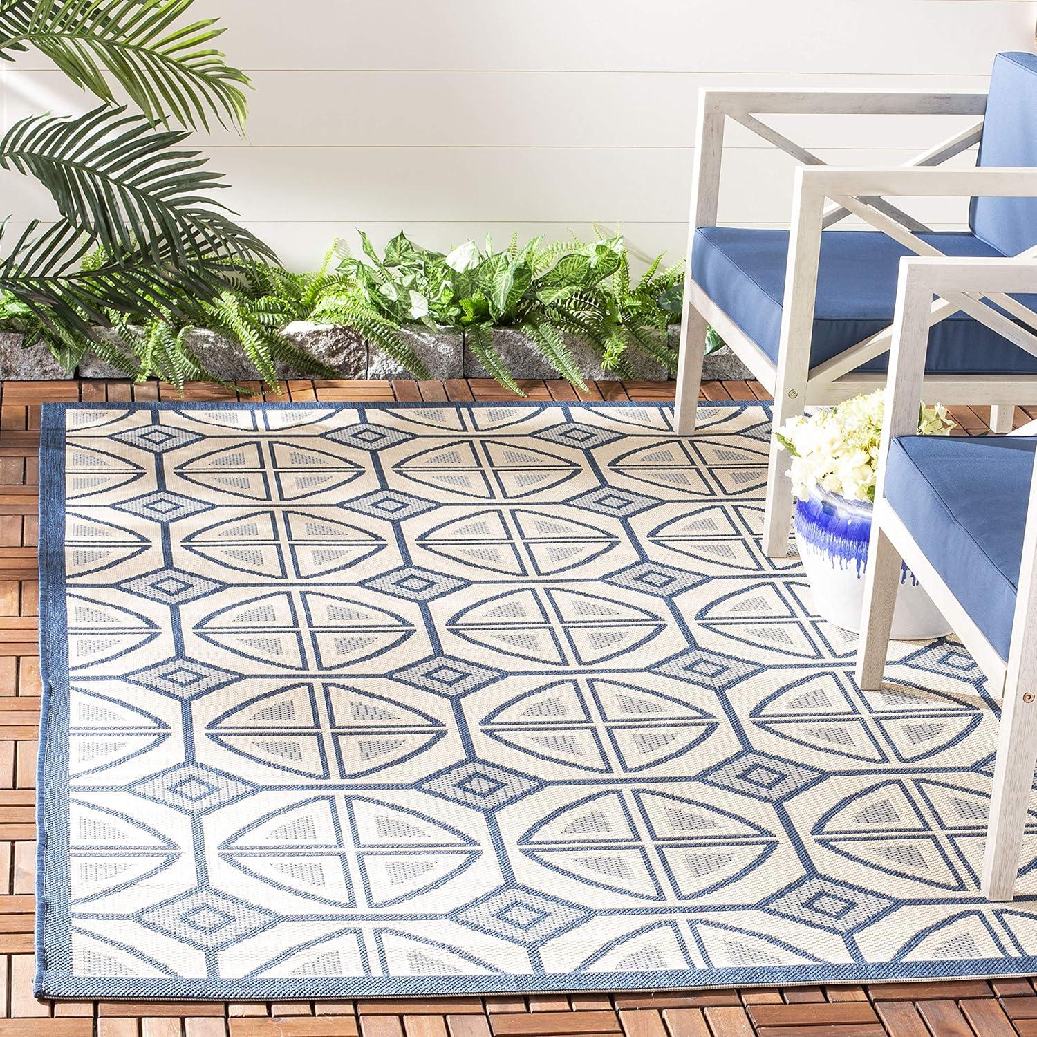 Beige & Navy Geometric Easy-Care Synthetic Area Rug, 2'7" x 5'