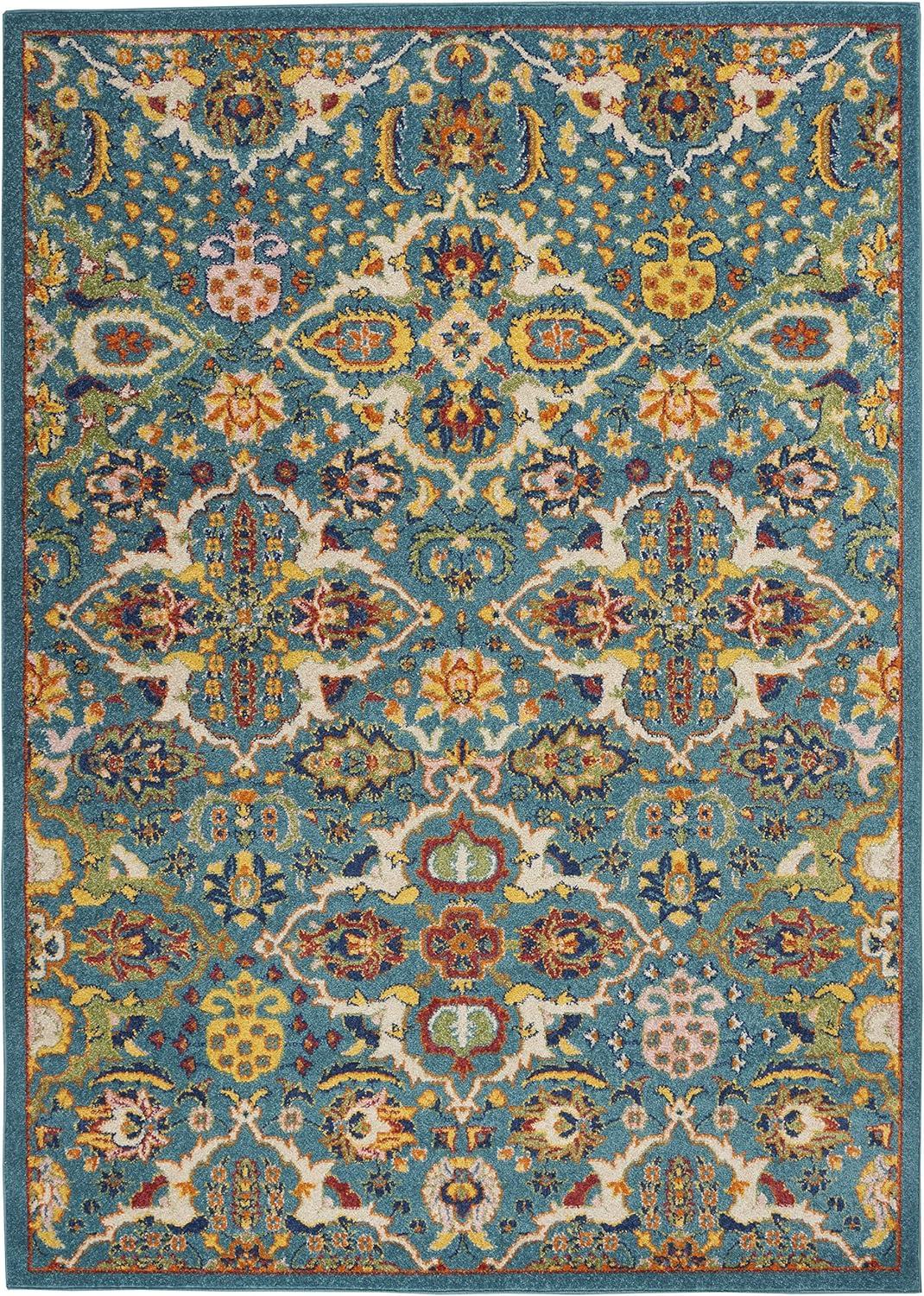 Turquoise Ivory Floral Easy-Care Synthetic 6' x 9' Area Rug