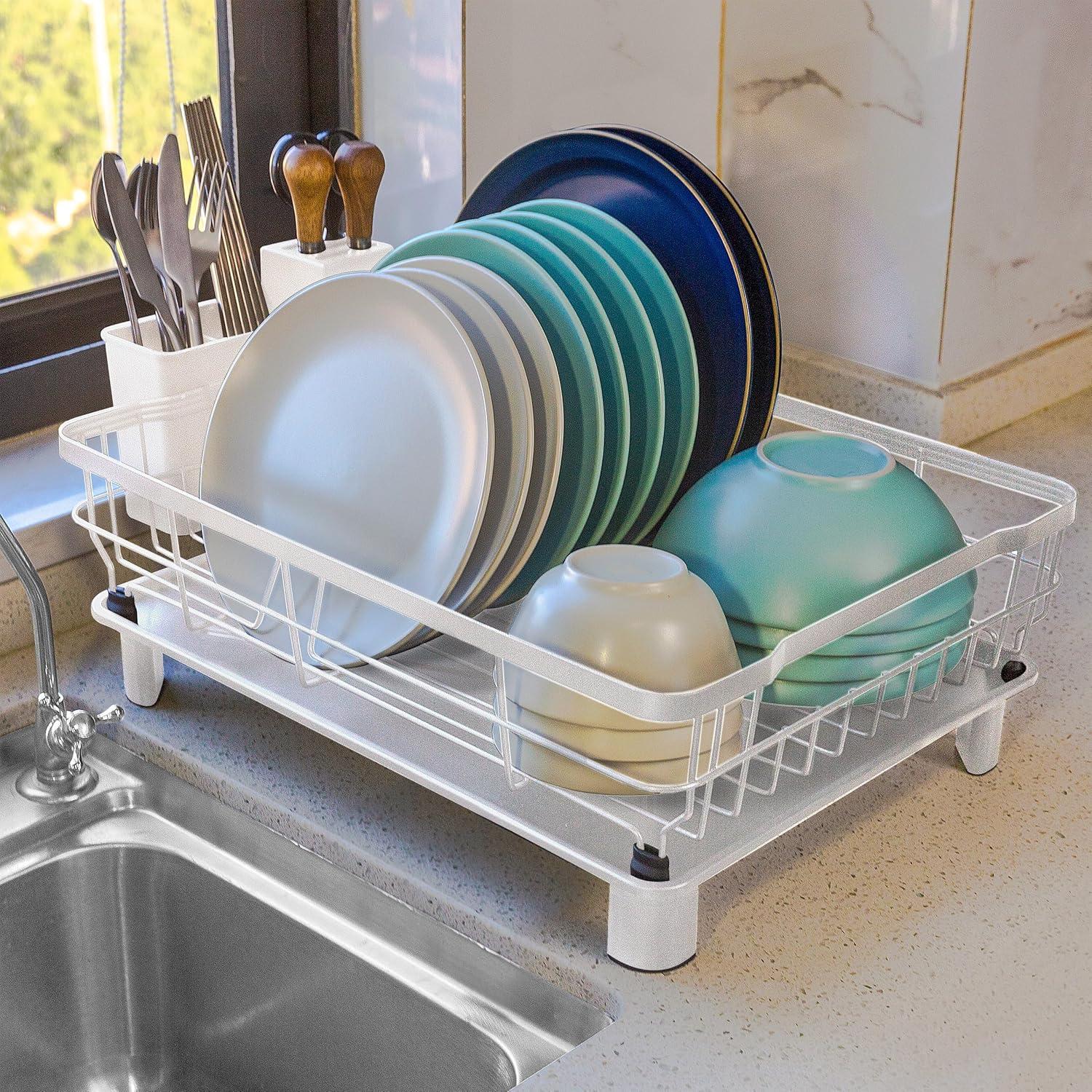 Dish Drying Rack for Kitchen Counter,Space-Saving Dish Rack with Drainboard,Rustproof Countertop Dish Drainer with Utensil Holder for Sink,White