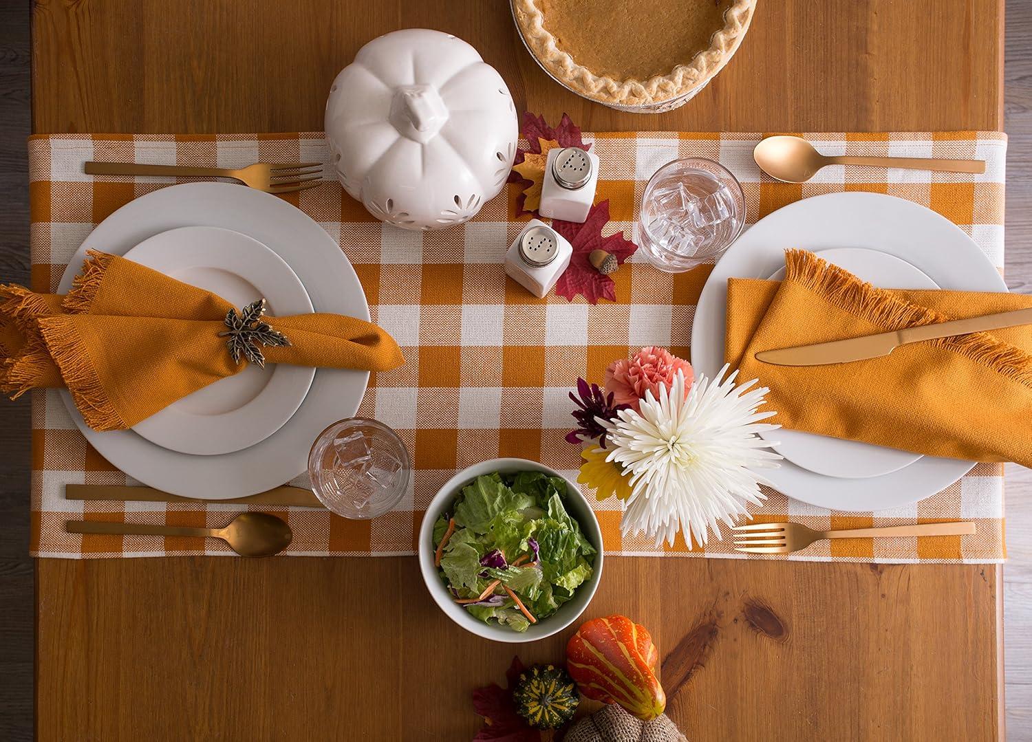 Pumpkin Spice Checkered Cotton Table Runner with Fringe 14x108