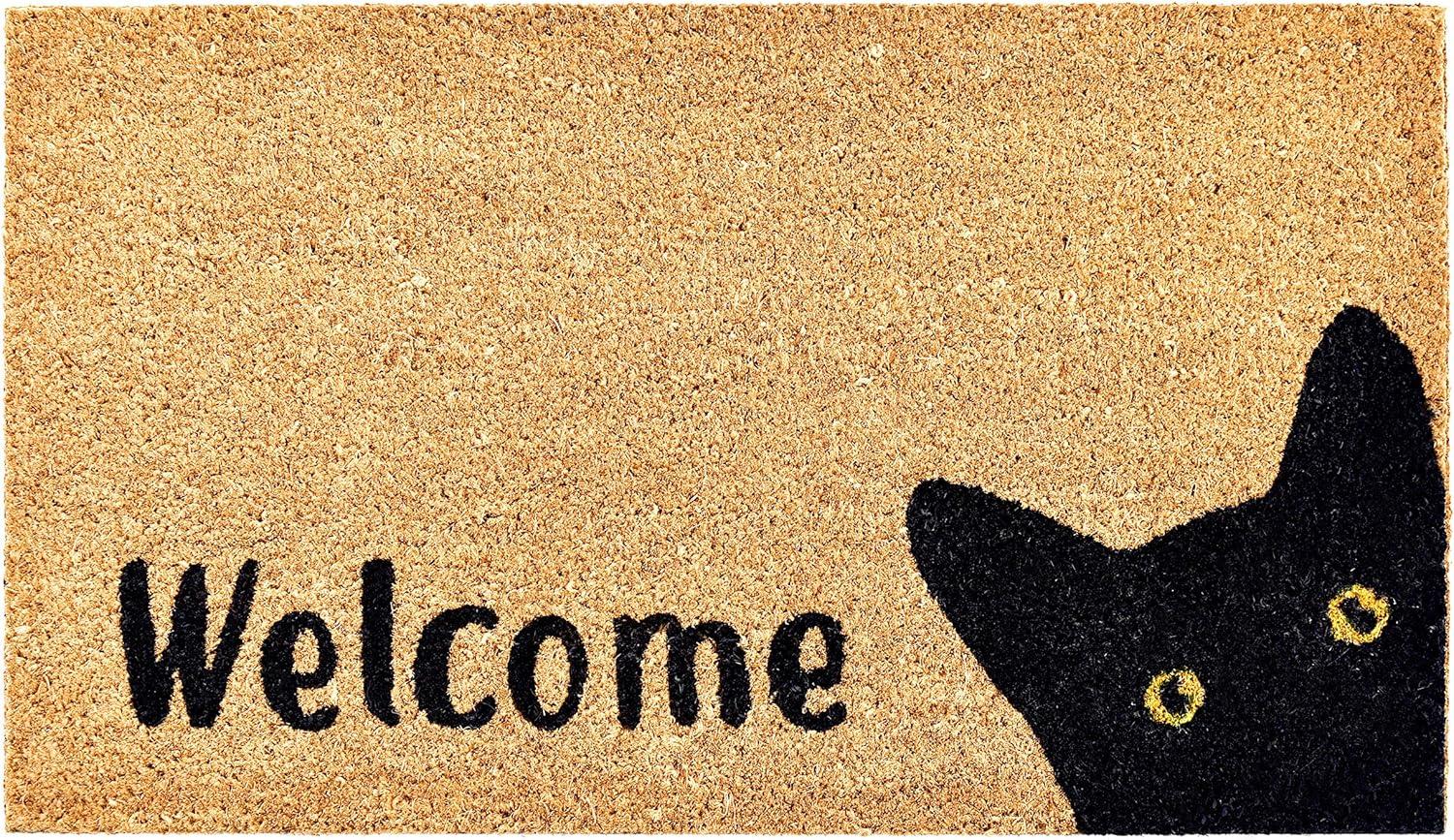 Natural Coir and Vinyl Kitty Welcome Doormat, 17" x 29"