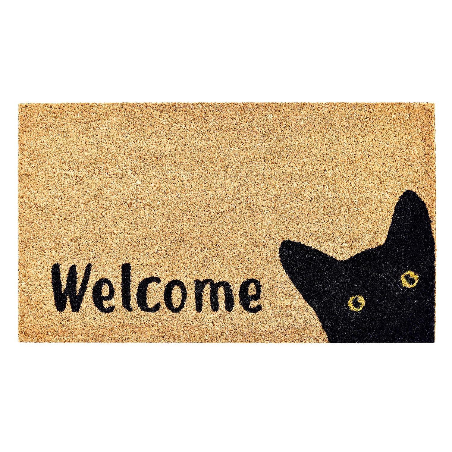 Natural Coir and Vinyl Kitty Welcome Doormat, 17" x 29"