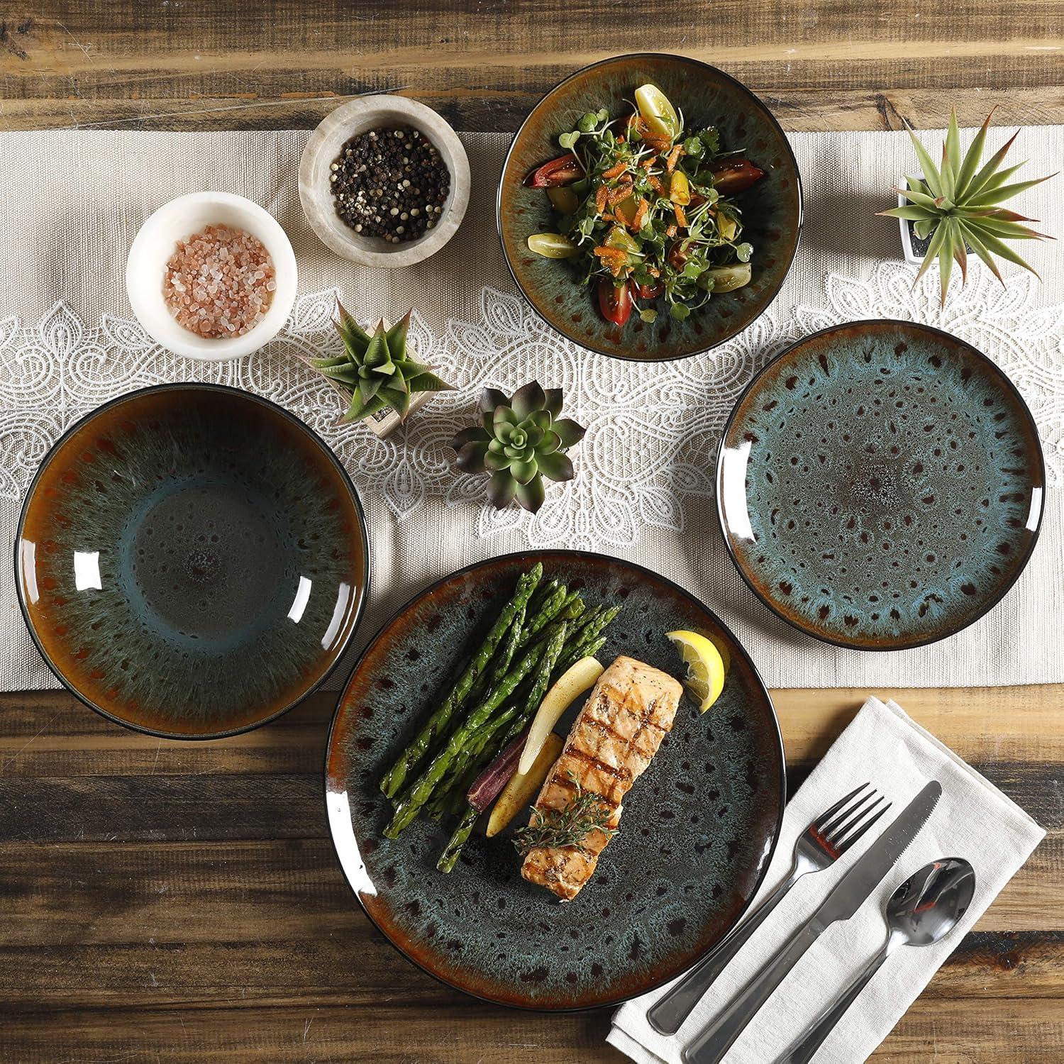 Gibson Elite Kyoto 16 Piece Double Bowl & Plate Dinnerware Set, Teal