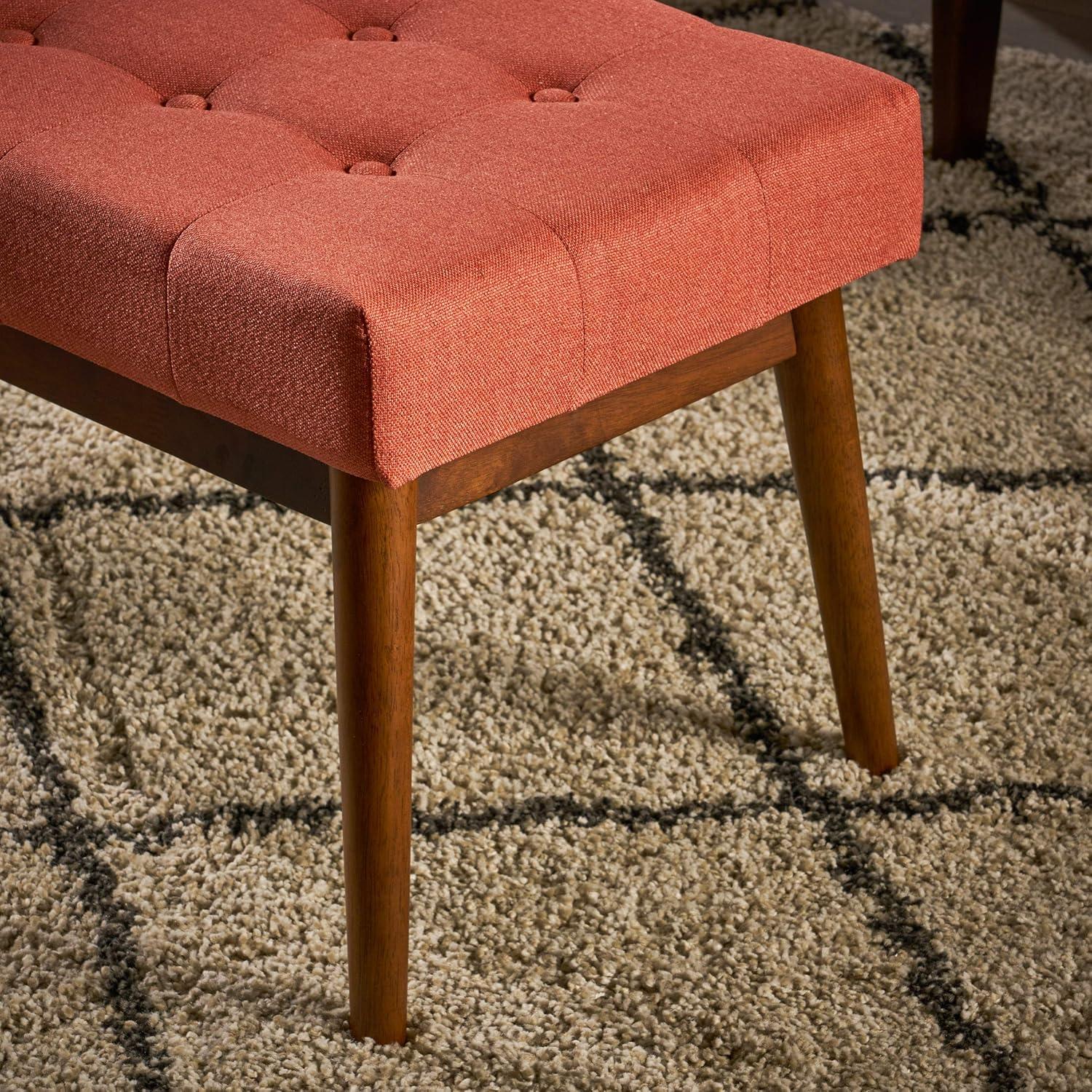 Mid-Century Coral Tufted Fabric Ottoman with Walnut Frame