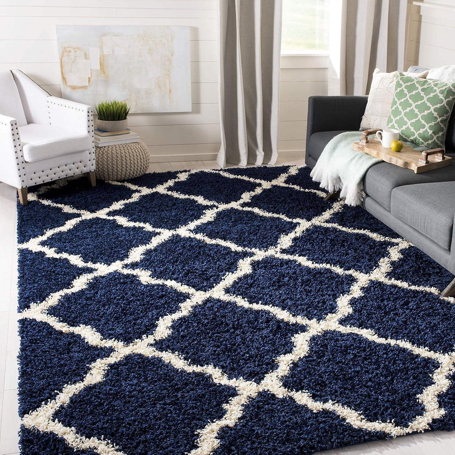 Navy and Ivory High Pile Shag Area Rug, 10' x 14'