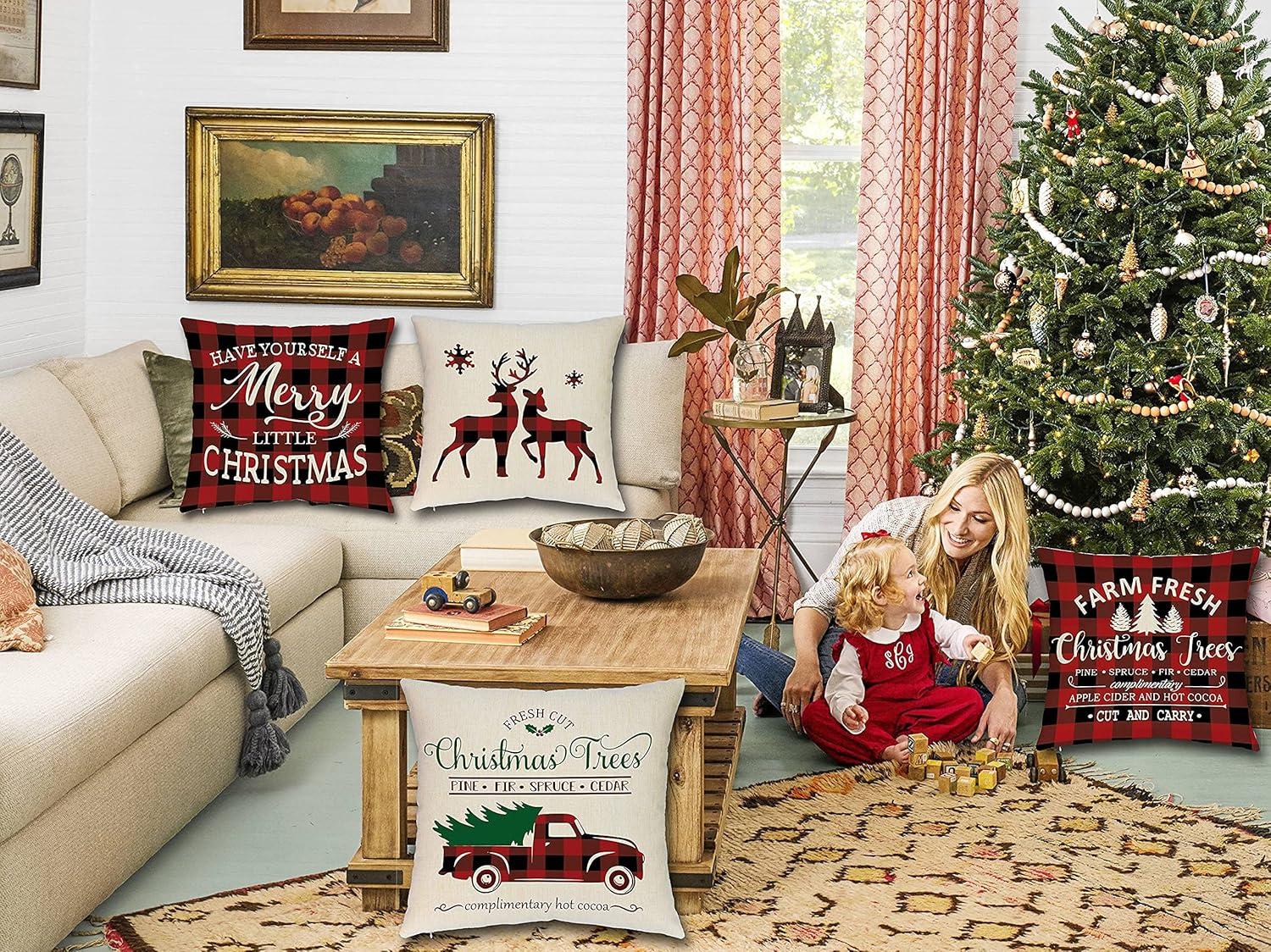 BEAUTY Merry Christmas Throw Pillow Covers 18 x 18 Inch Set of 4  Red Barn Merry & Bright Xmas Farmhouse Holiday Pillowcases for Home Outdoor Decoration CP053-18