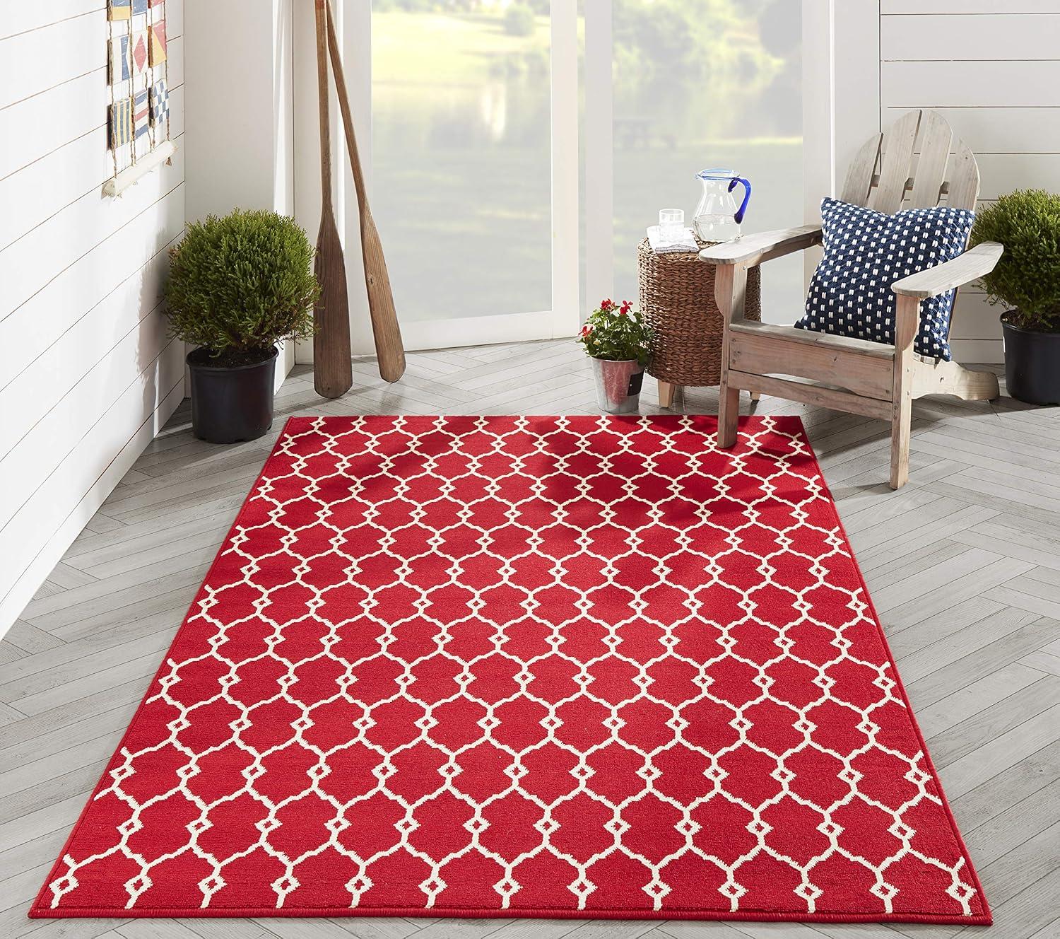 Elegant Trellis Red Synthetic 5'3" x 7'6" Easy-Care Outdoor Rug