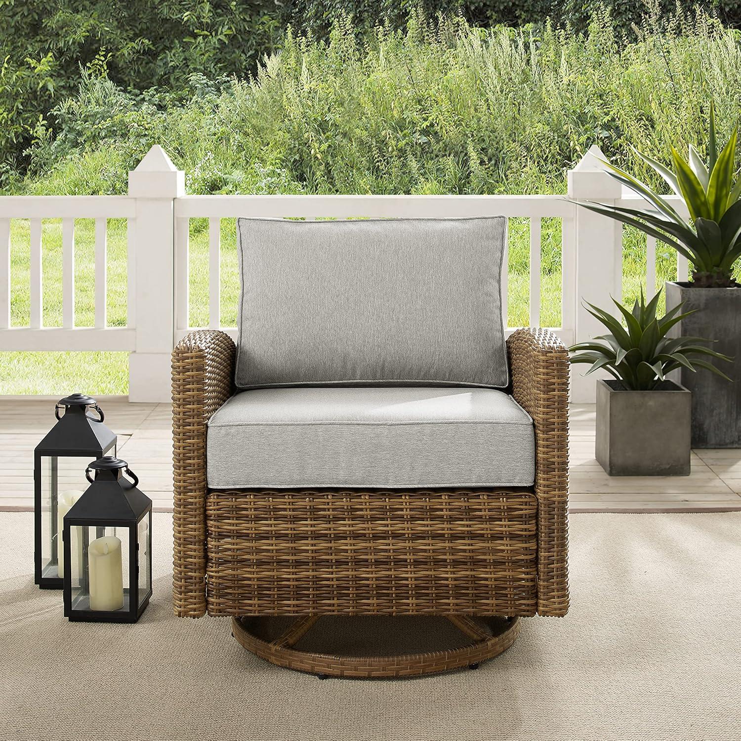 Bradenton Outdoor Steel Swivel Rocking Chair Gray/Weathered Brown - Crosley: Resin Wicker, Moisture-Resistant Cushions