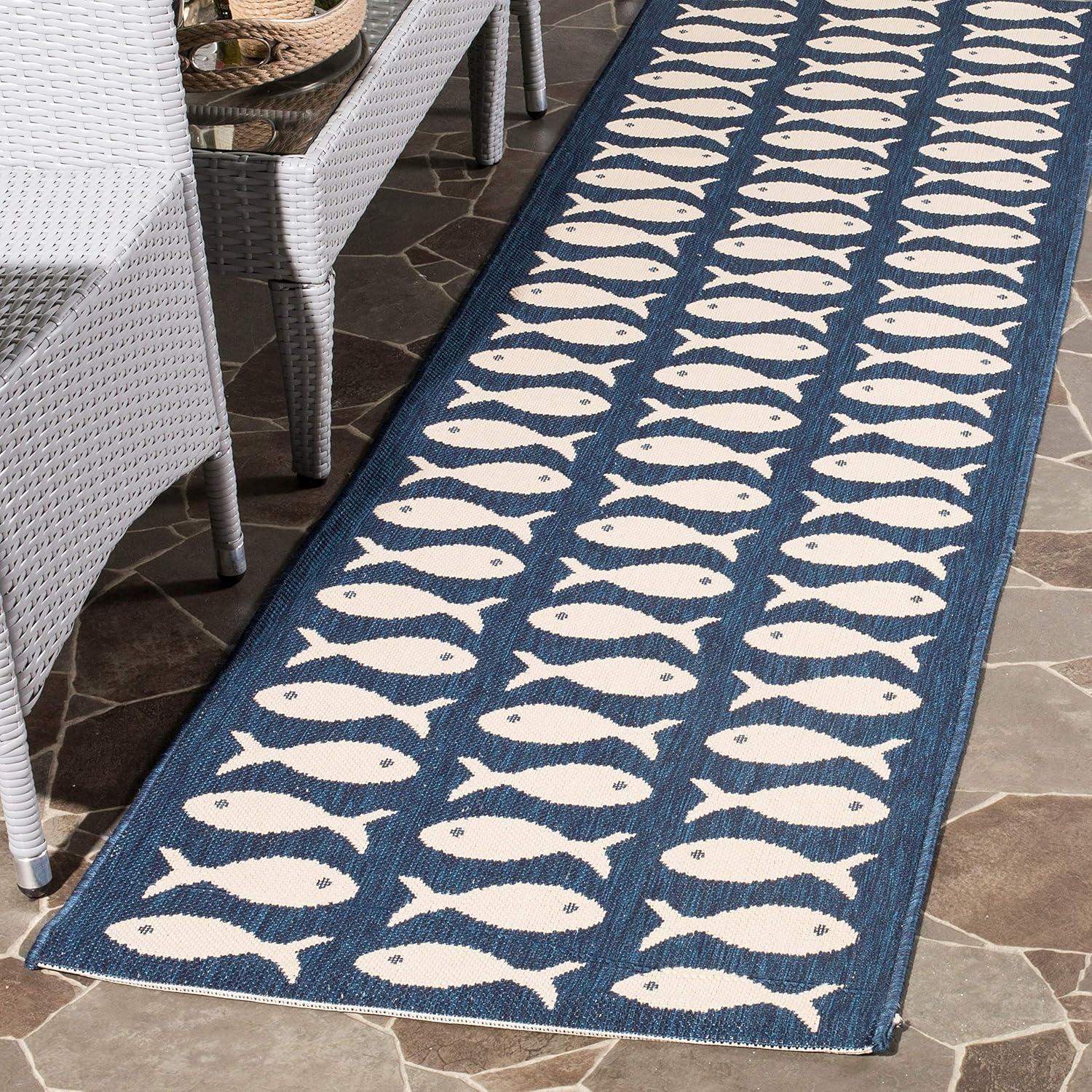 SAFAVIEH Courtyard Tranter Geometric Fish Indoor/Outdoor Area Rug, 5'3" x 7'7", Navy/Beige