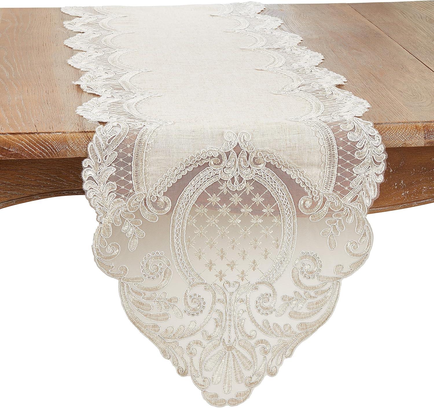 Elegant Beige Embroidered Lace Table Runner