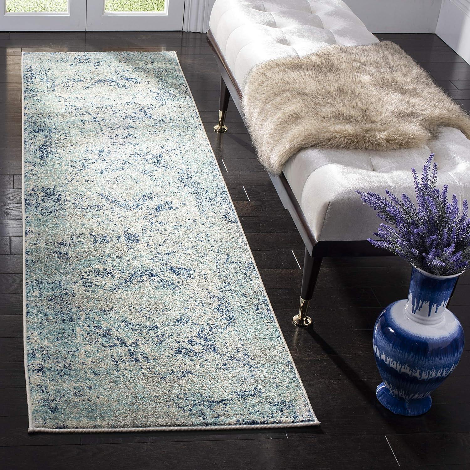 Ivory and Blue Floral Motif Synthetic Runner Rug