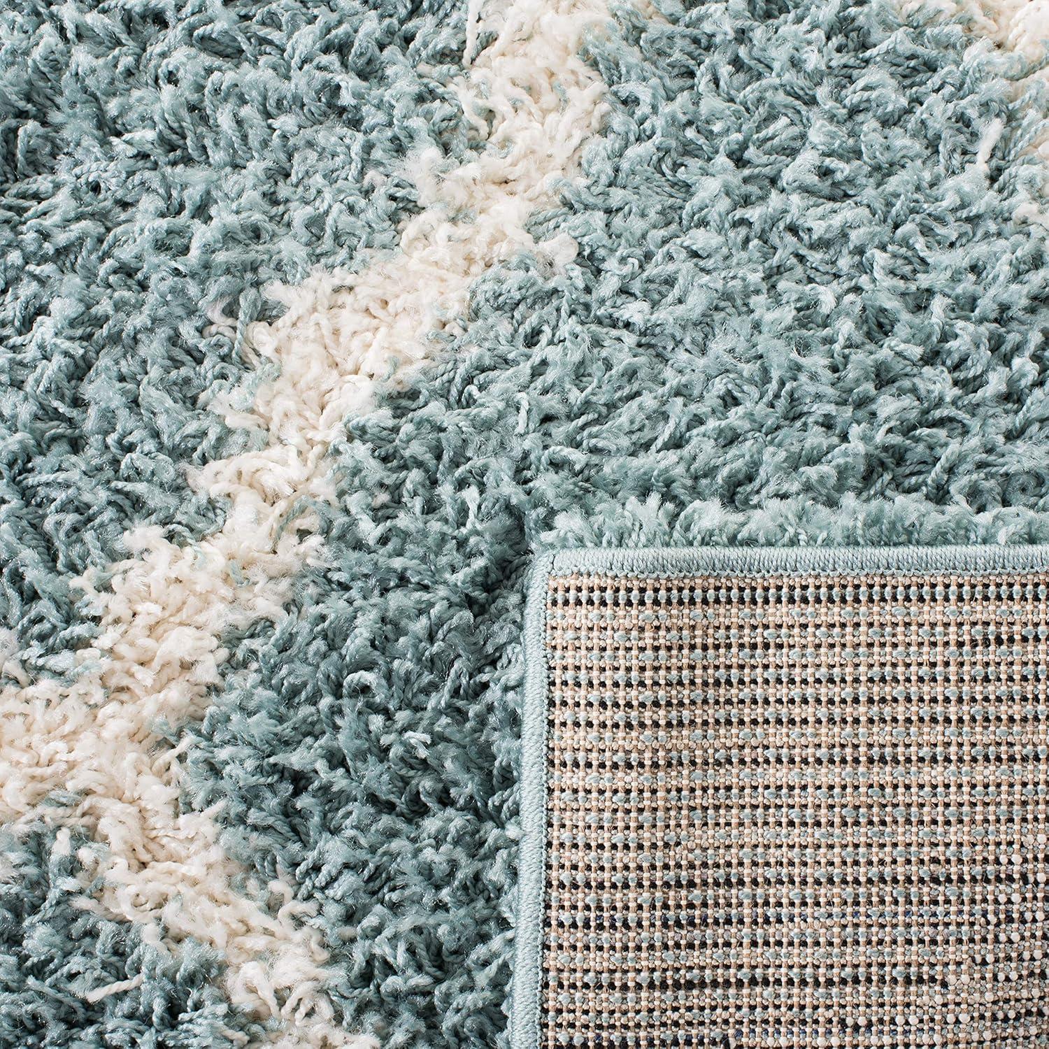 Plush Seafoam and Ivory Geometric Shag Runner, 2'3" x 8'