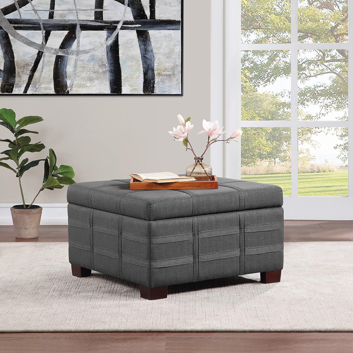 Detour Strap Square Storage Ottoman in Charcoal Fabric