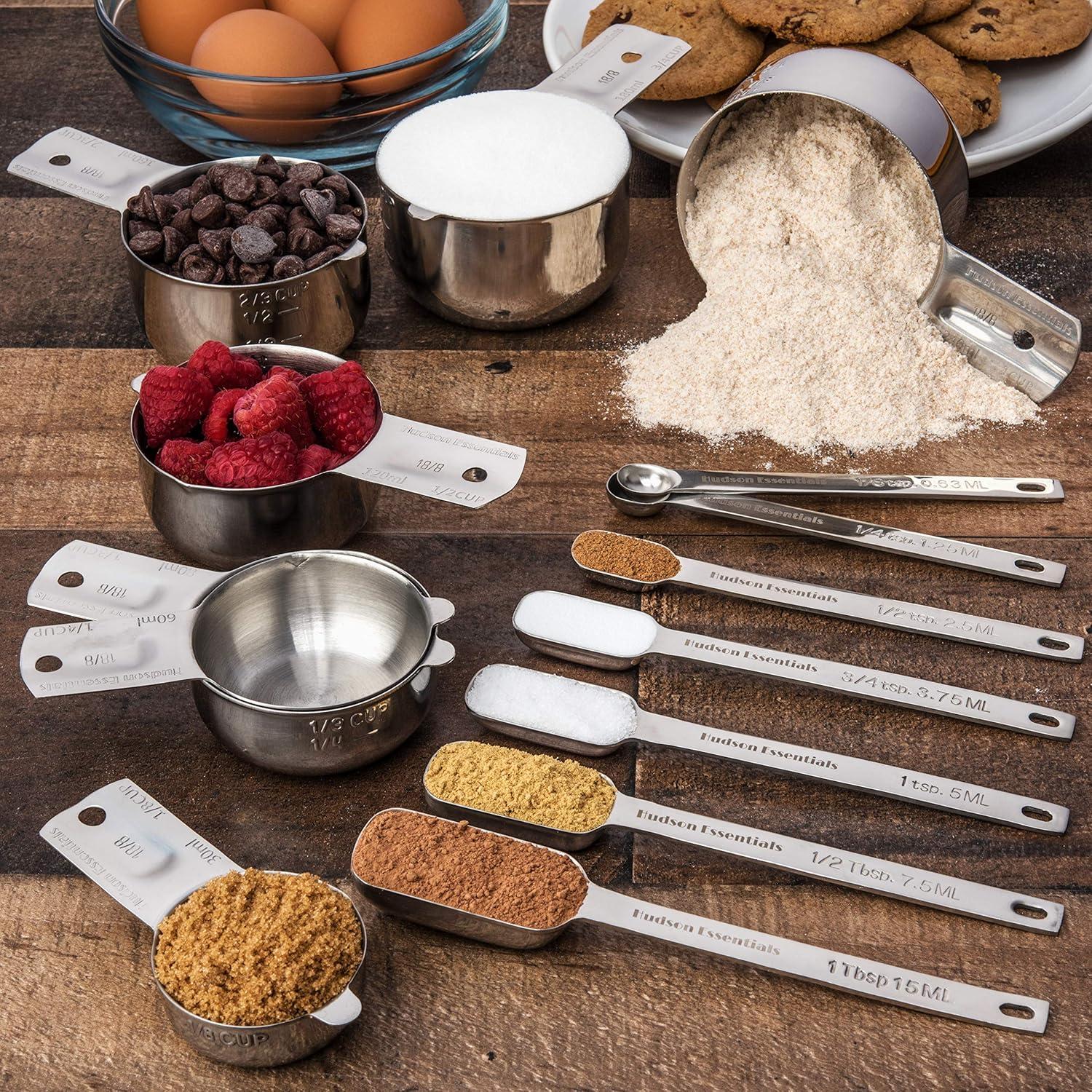 Hudson Essentials Stainless Steel Measuring Cups and Spoons Set - 14-Piece, Durable & Precise