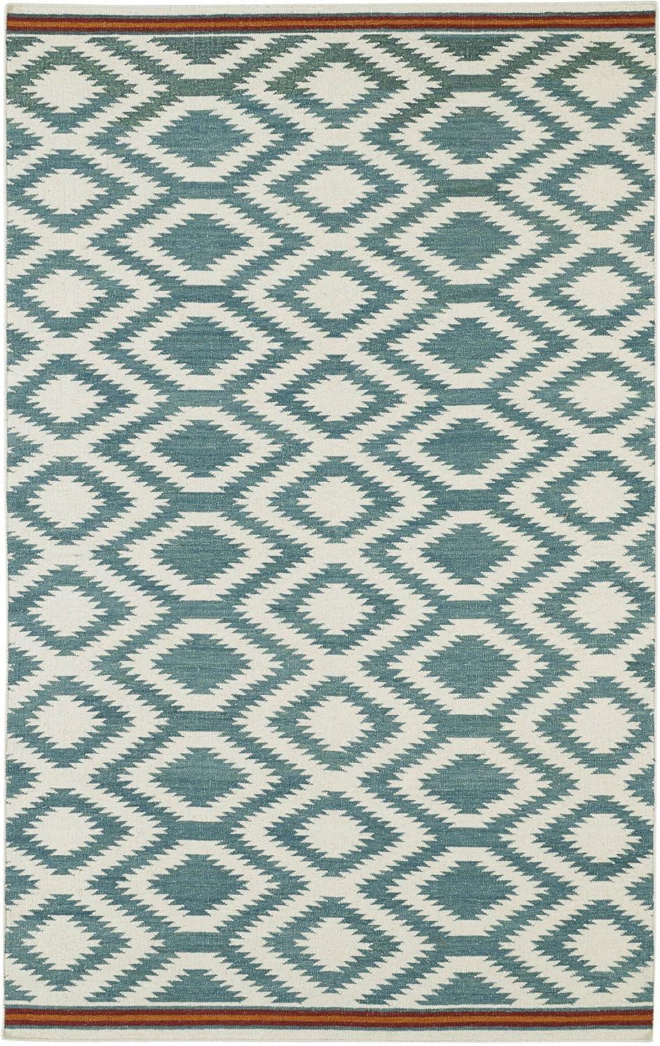 Turquoise Geometric Wool Flat Woven Handmade Rug 2' x 3'