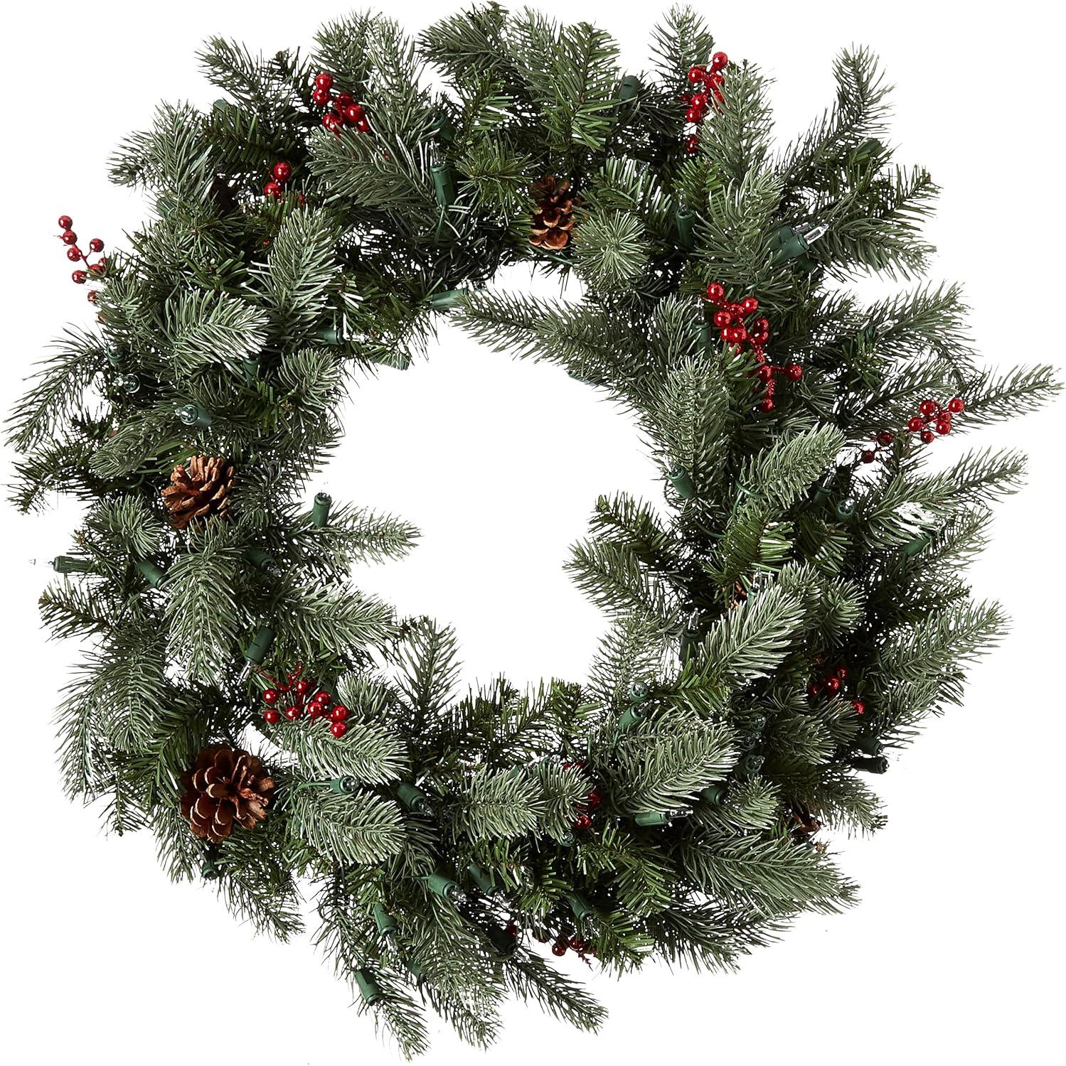 Nearly Natural 30” Lighted Pine Wreath w/Berries & Pine Cones