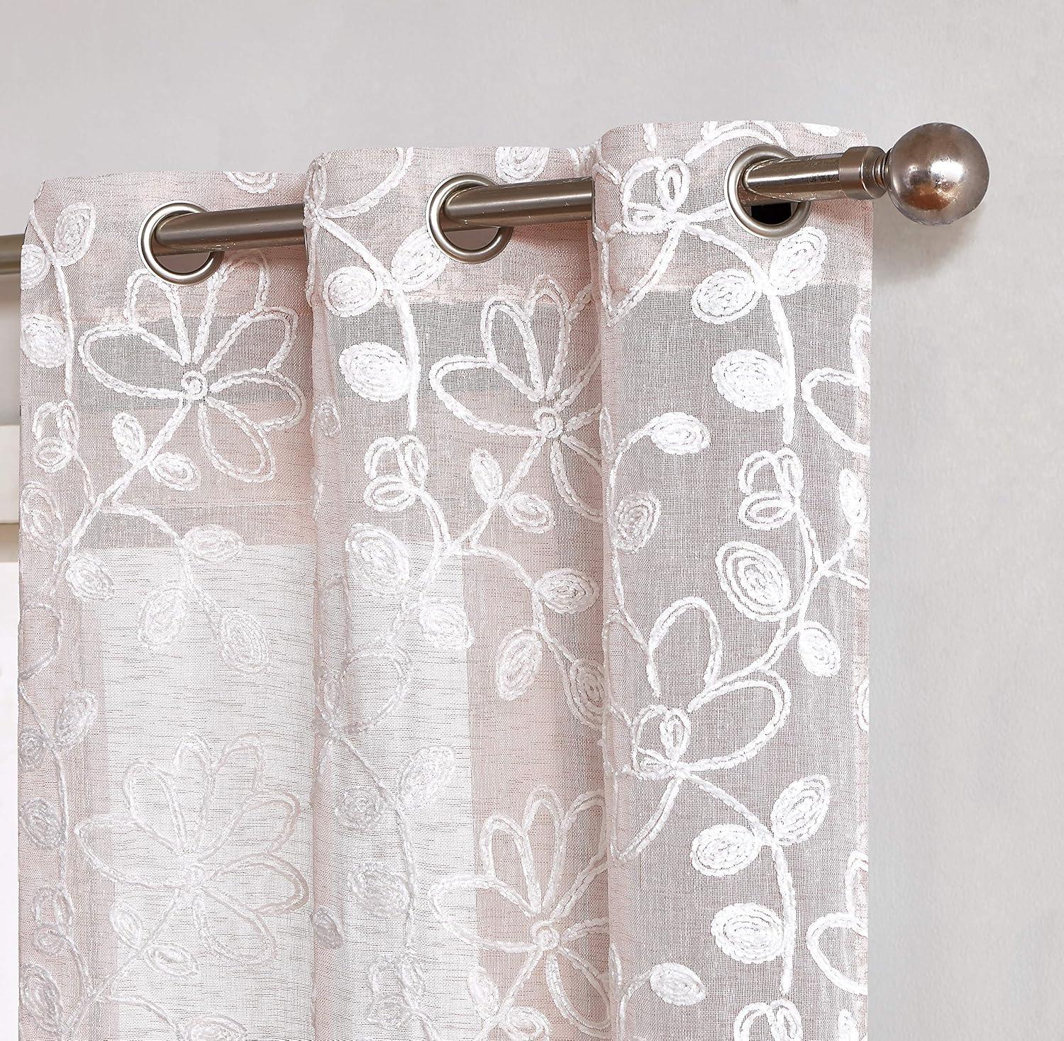 Dainty Home Rita 2-pack Linen Textured Grommet Window Panels With 3d Chenille Floral Embroidery