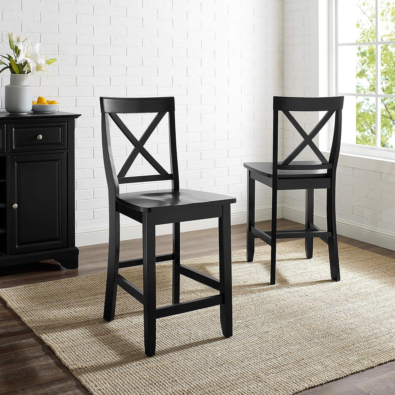 Black Wood Crossback Counter Stools with Tapered Legs, Set of 2