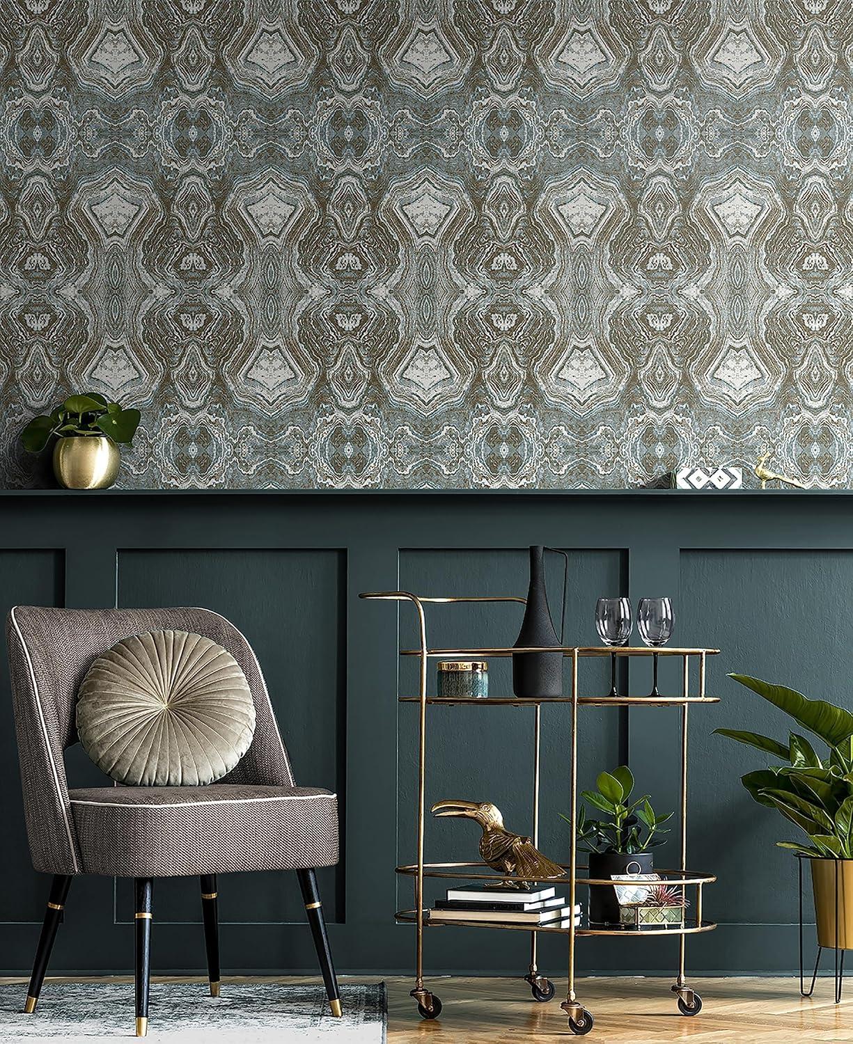 Patina Blue and Brown Geometric Peel and Stick Wallpaper