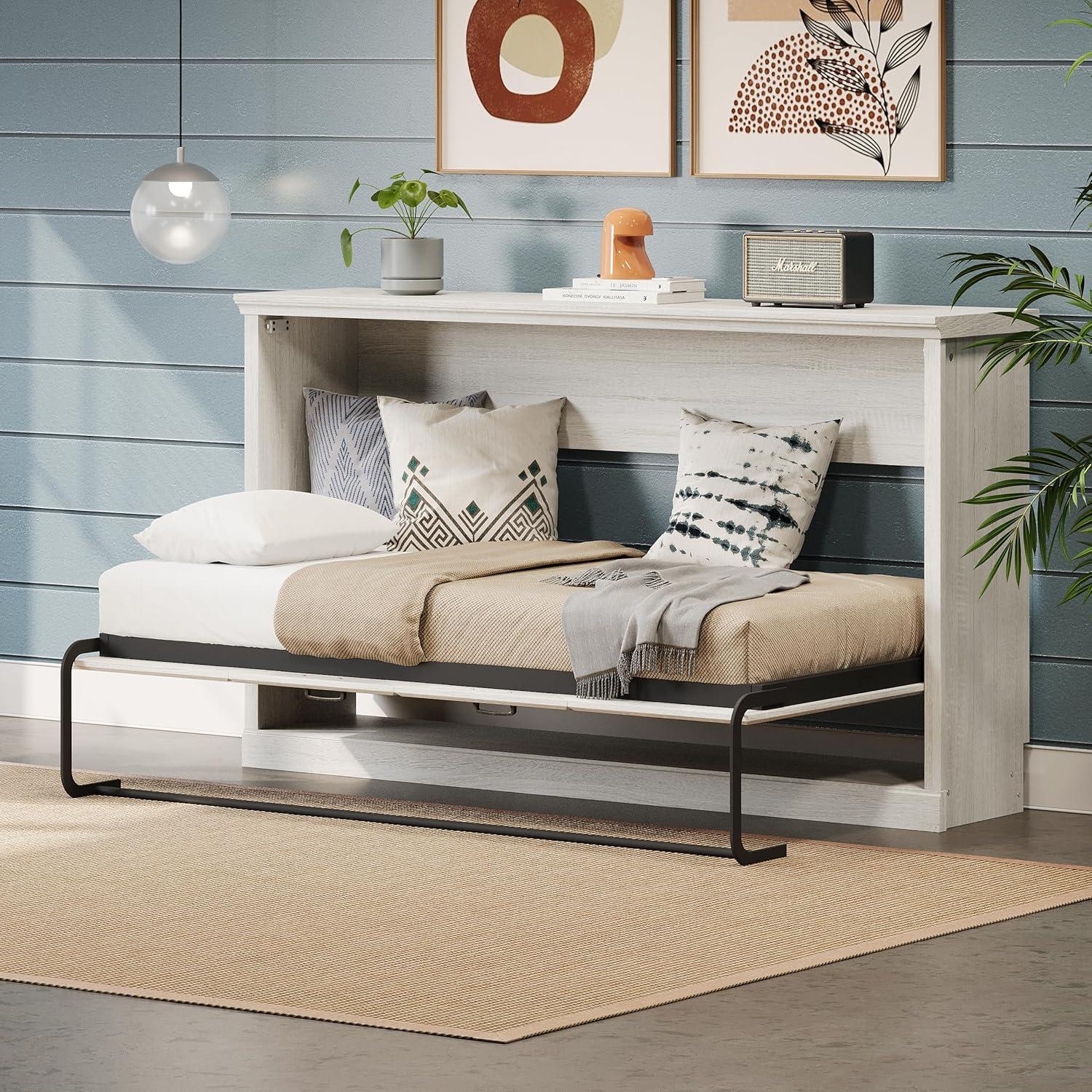 Impact Outdoor Twin Size Horizontal Murphy Bed, Hideaway Wall Bed, Folding Into Cabinet, Space Saving Furniture For Multipurpose Guest Room, Home Office, Rustic White