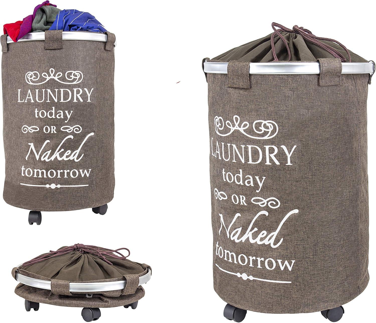Brown Collapsible Round Laundry Hamper with Wheels and Faux Burlap