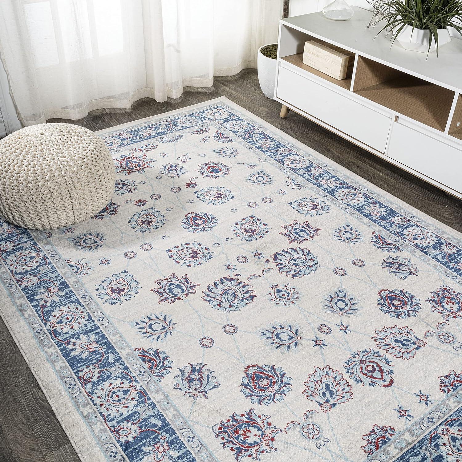 4' X 6' Modern Persian Vintage Moroccan Traditional Area Rug, Blue/Ivory/Red - JONATHAN Y
