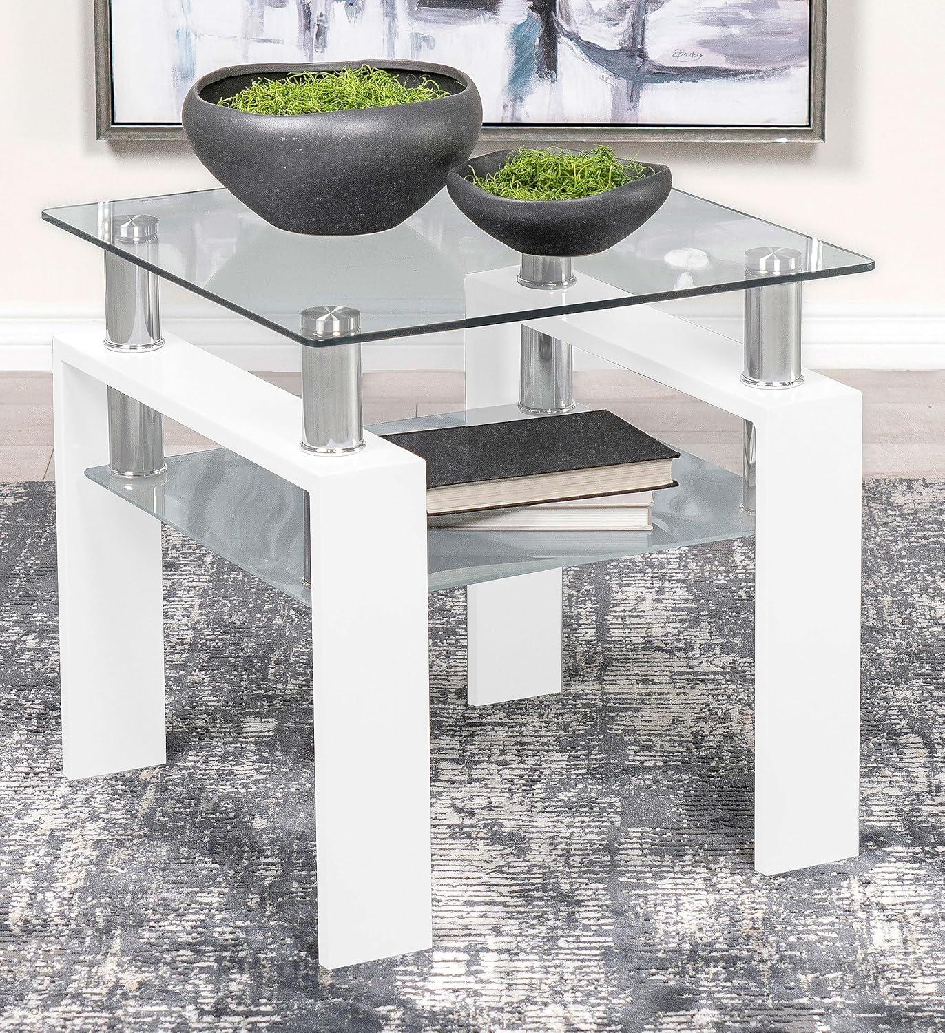 22" White Metal and Glass Square End Table with Shelf