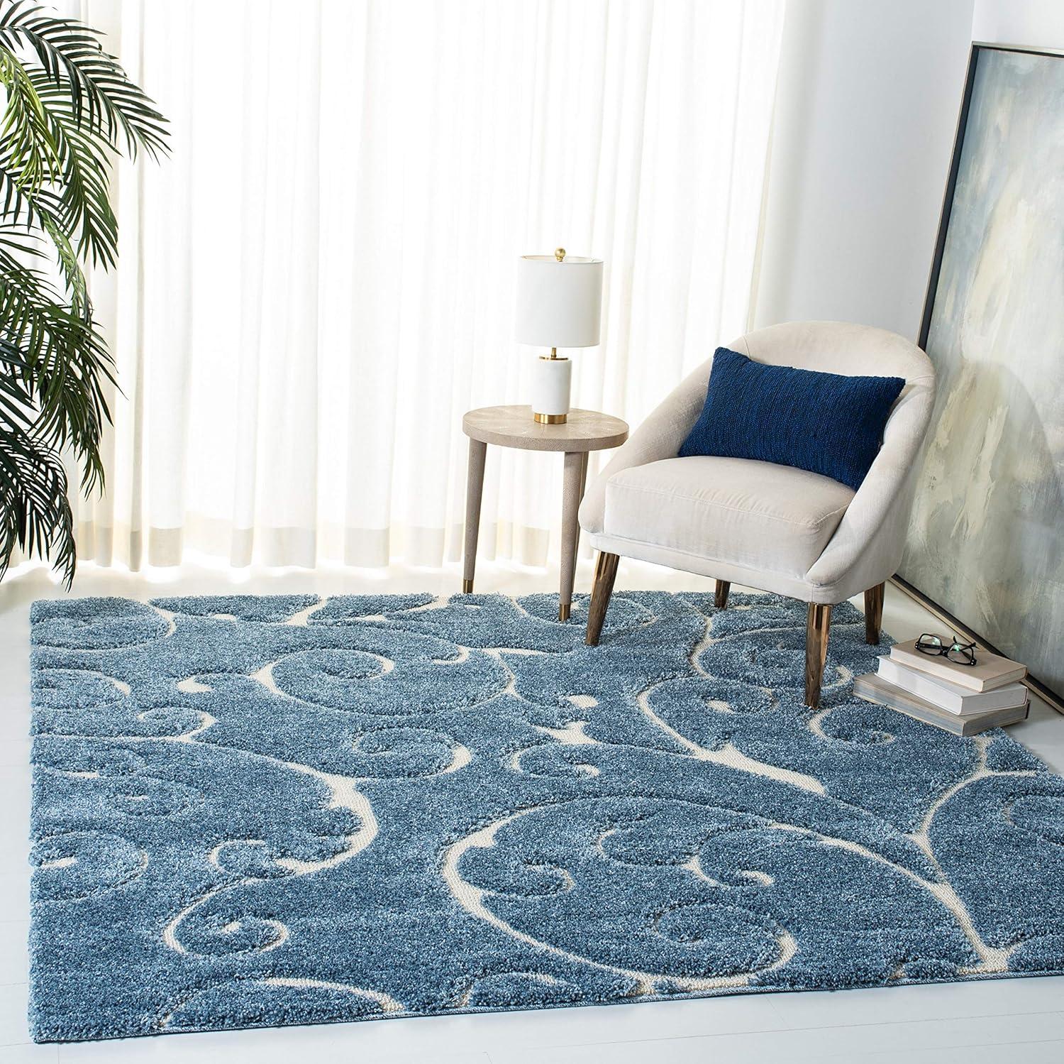 Light Blue and Cream Synthetic Shag Area Rug, 4' Square