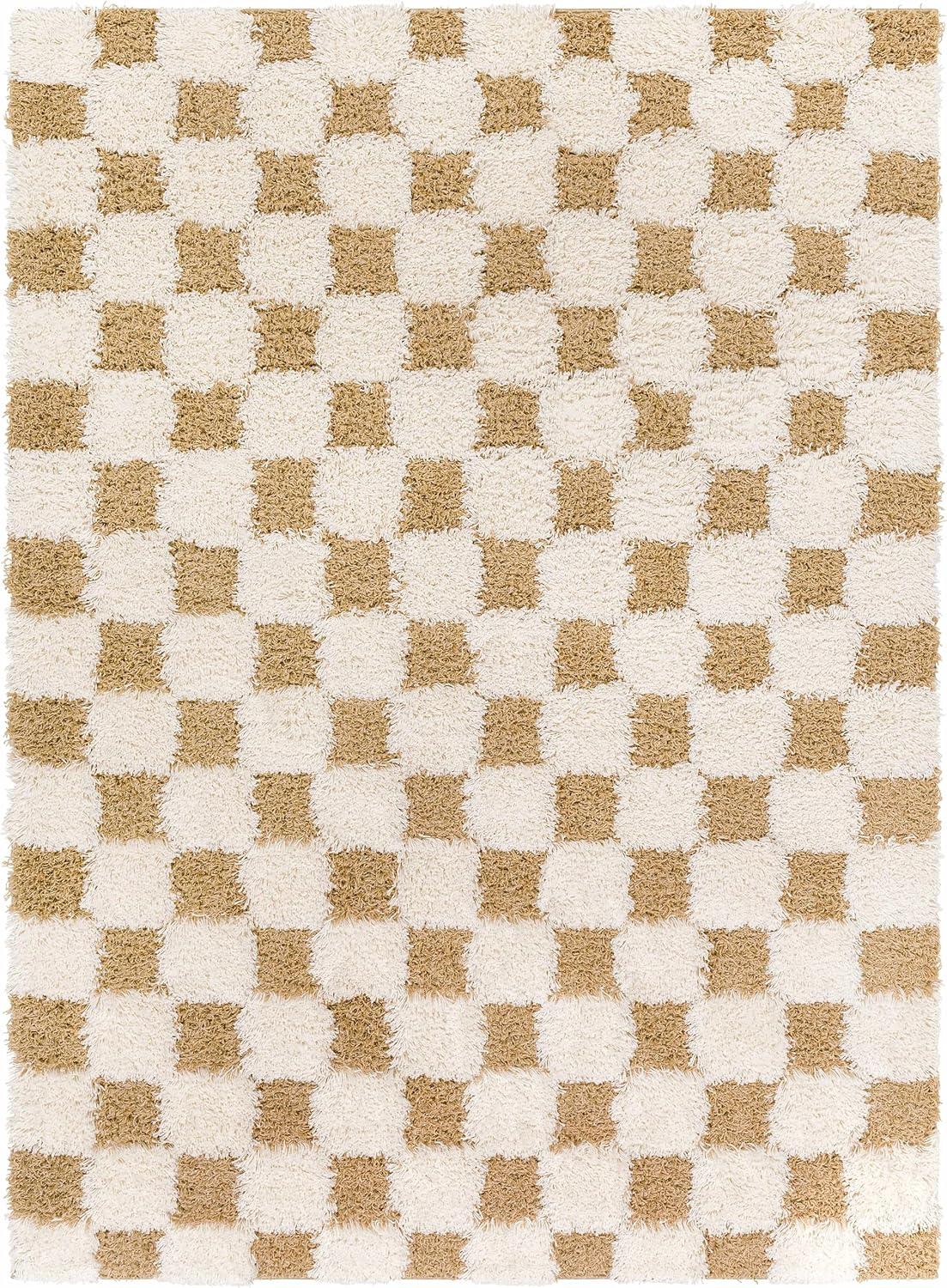 BoutiqueRugs Atira Modern Checkered Shag Area Rug - High Pile Fluffy Shag Rug for Kids Room, Nursery, Living Room, Bedroom - Yellow, Cream, White, Mustard - 5'3" x 7'3" (5x7 Area Rug)