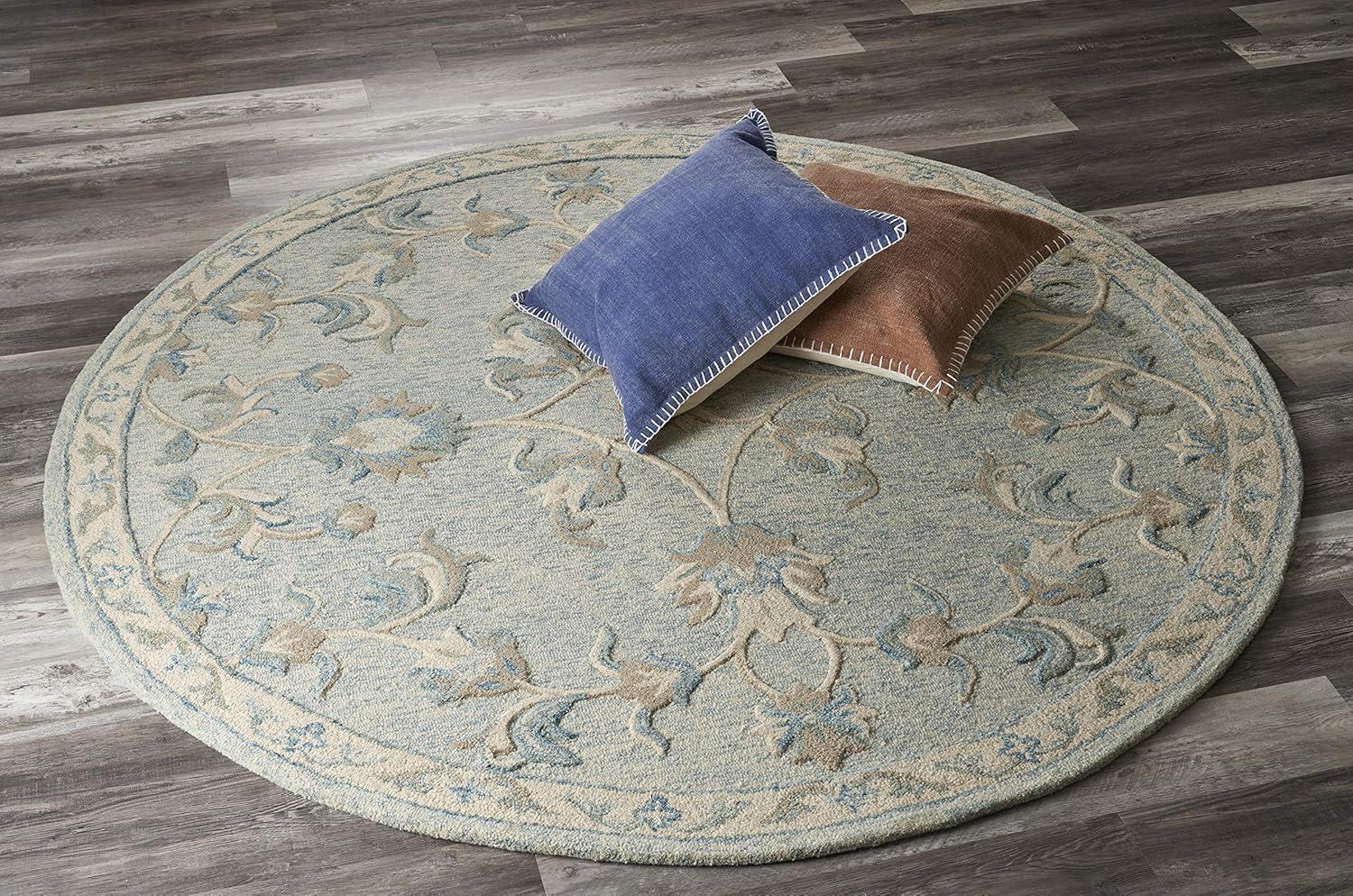 Hand-Tufted Victorian Floral Bloom Round Rug in Blue/Cream Wool