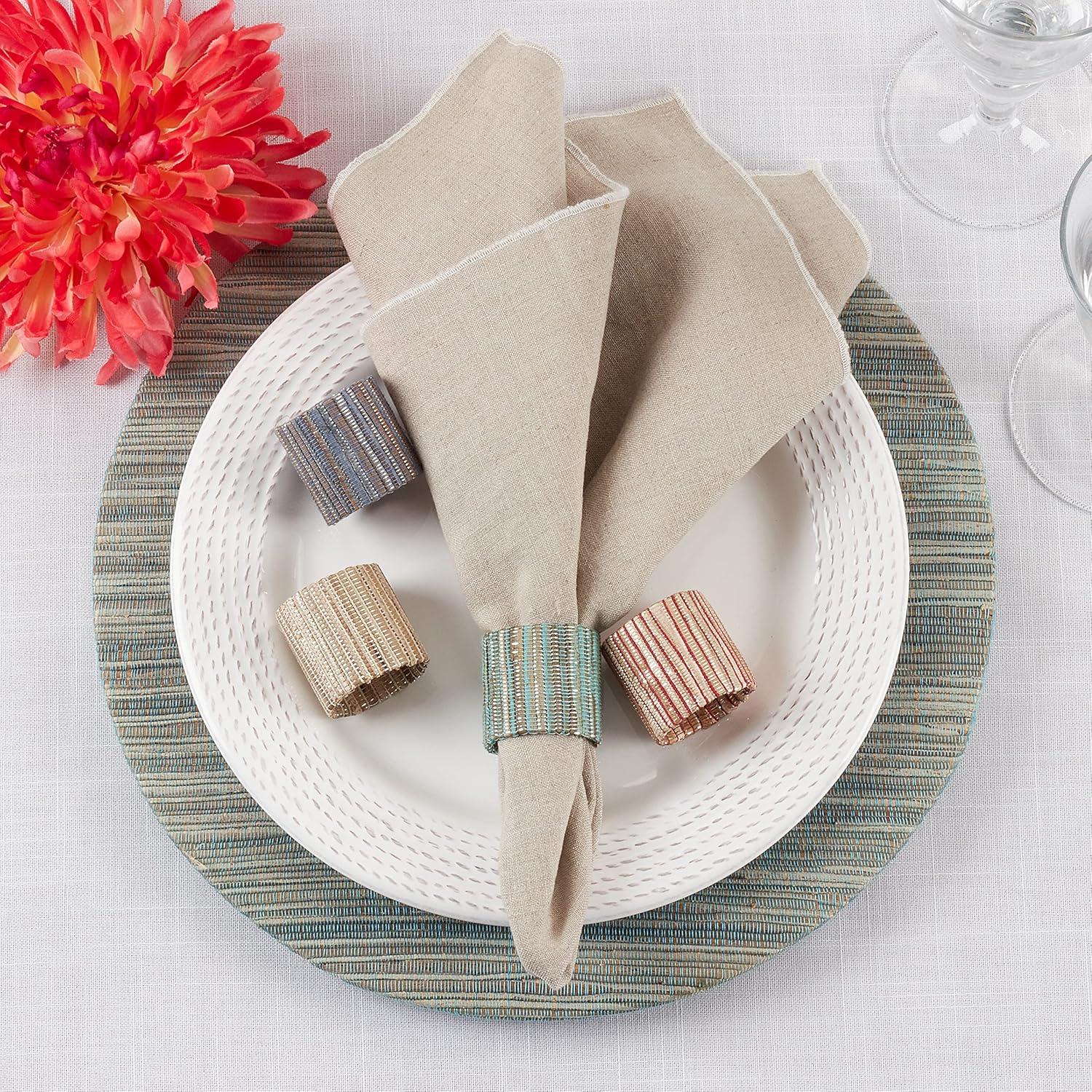 Saro Lifestyle Napkin Rings With Shimmering Woven Nubby Design (Set of 4), Natural, 1.5"