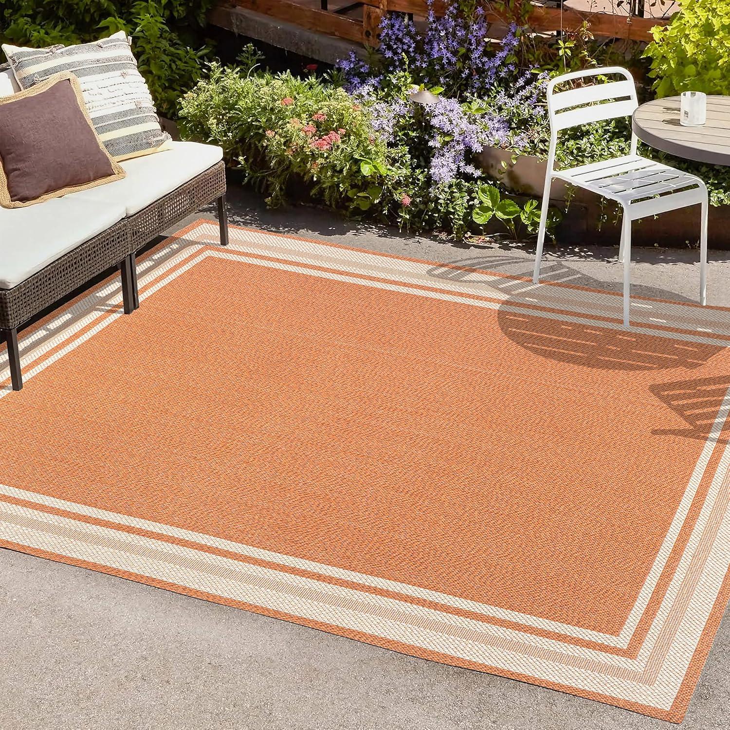 8' x 10' James Modern Border Stripe Indoor/Outdoor Area Rug, Orange/Cream - JONATHAN Y